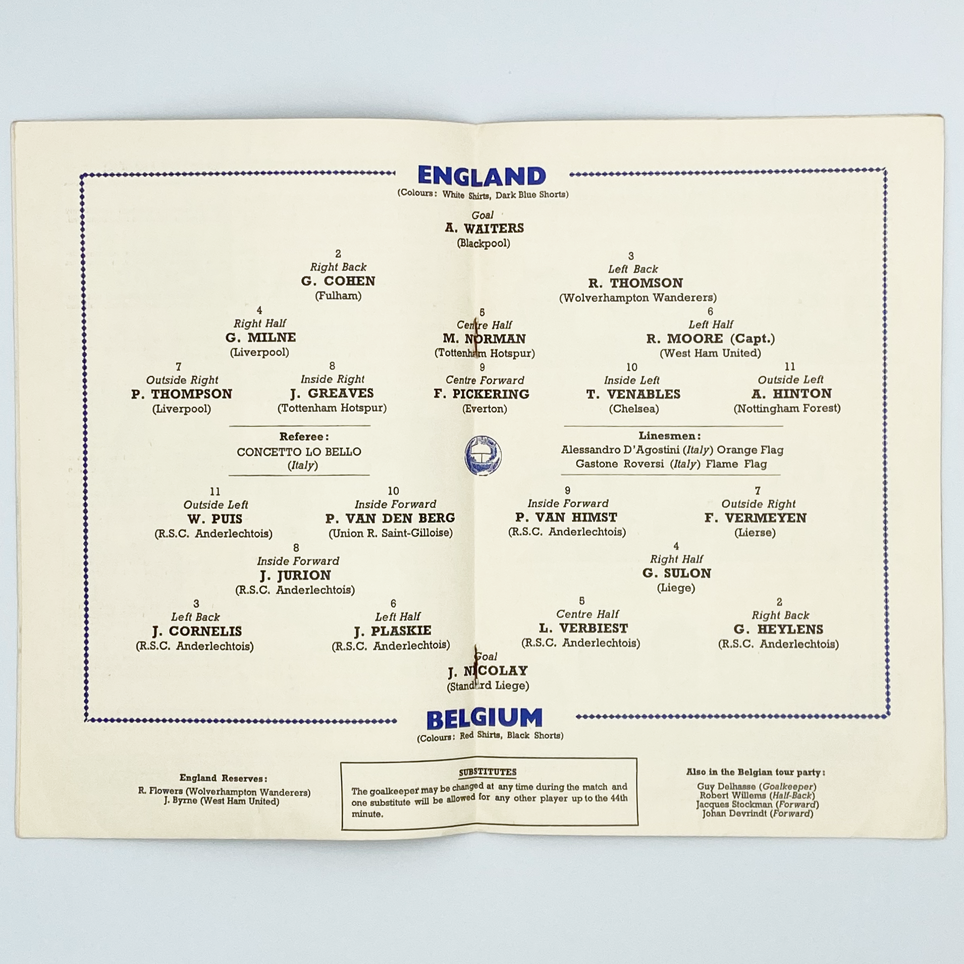 England vs Belgium Programme (21 October, 1964)