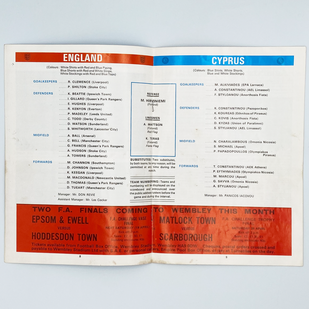 England vs Cyprus Programme (16 April, 1975)