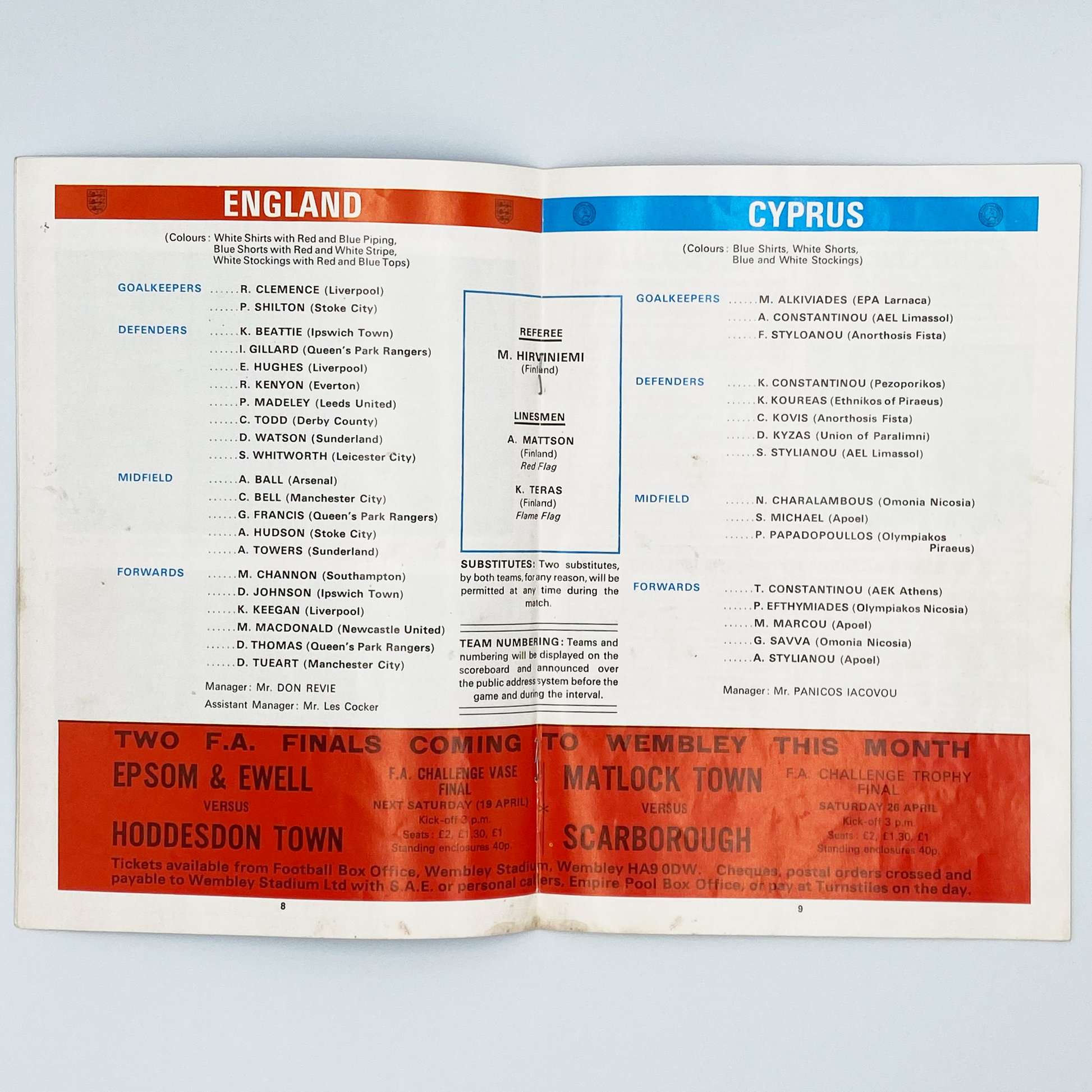 England vs Cyprus Programme (16 April, 1975)