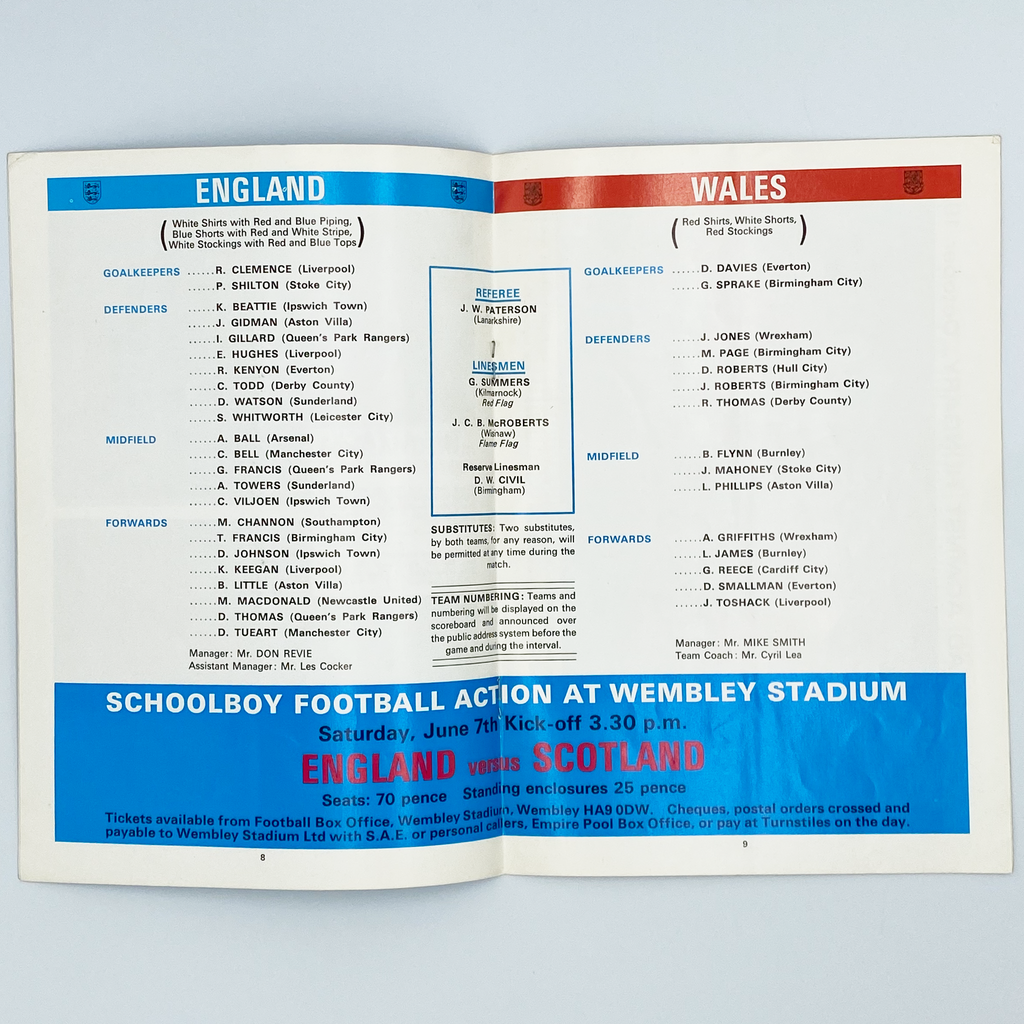 England vs Wales Programme & Ticket (21 May, 1975)