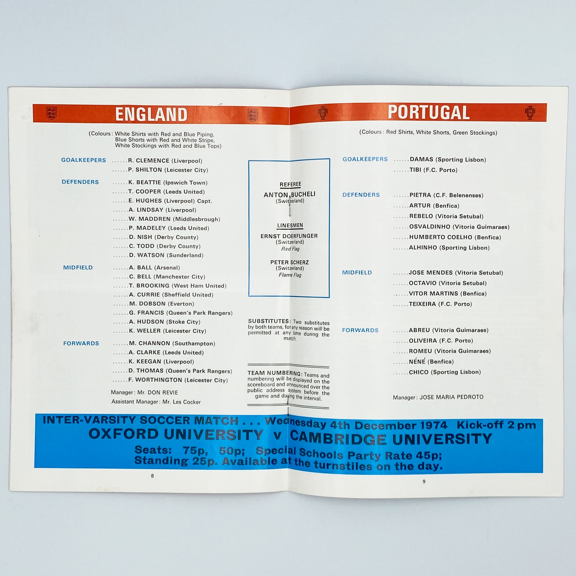 England vs Portugal Programme & Ticket (20 November, 1974)