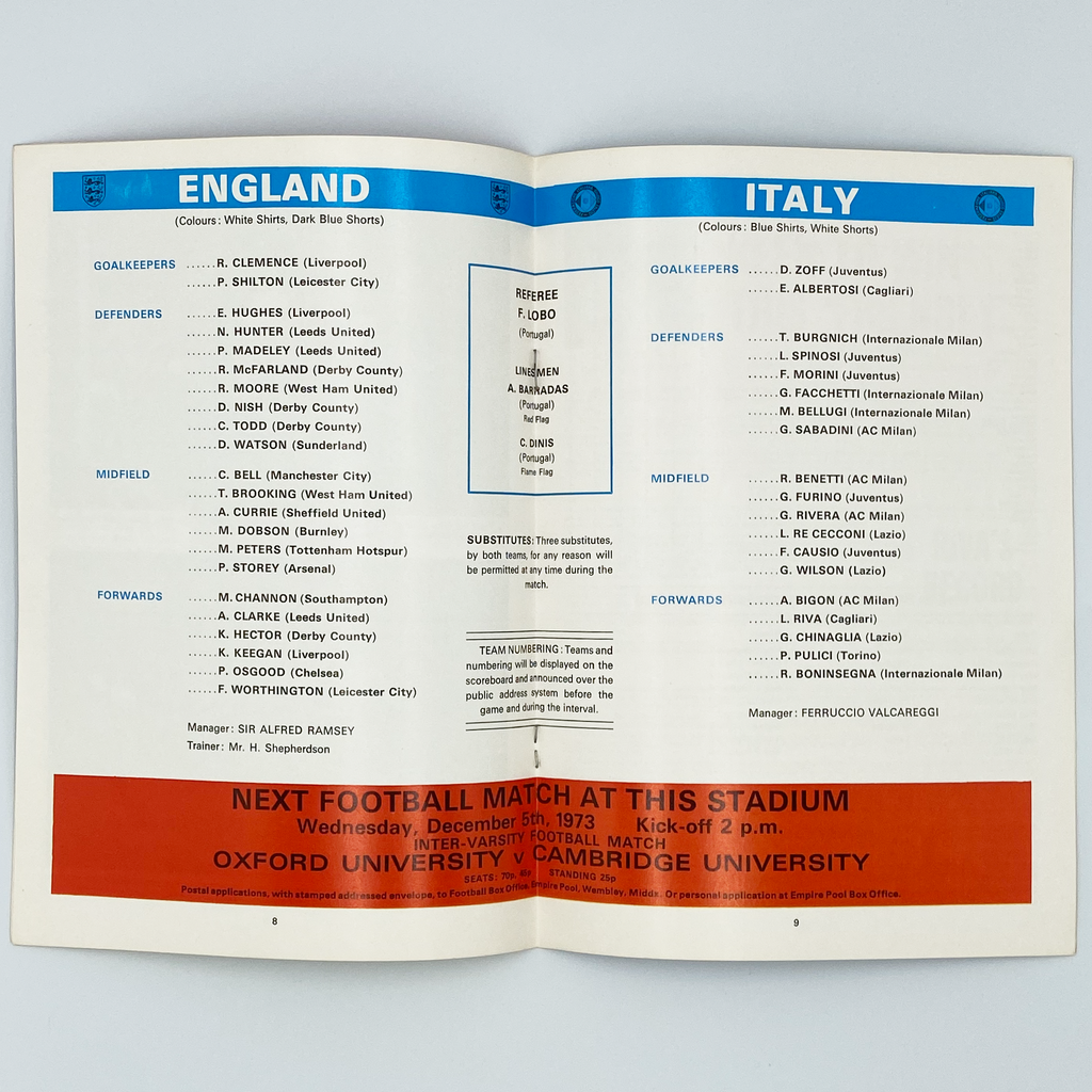 England vs Italy Programme & Ticket (14 November, 1973)