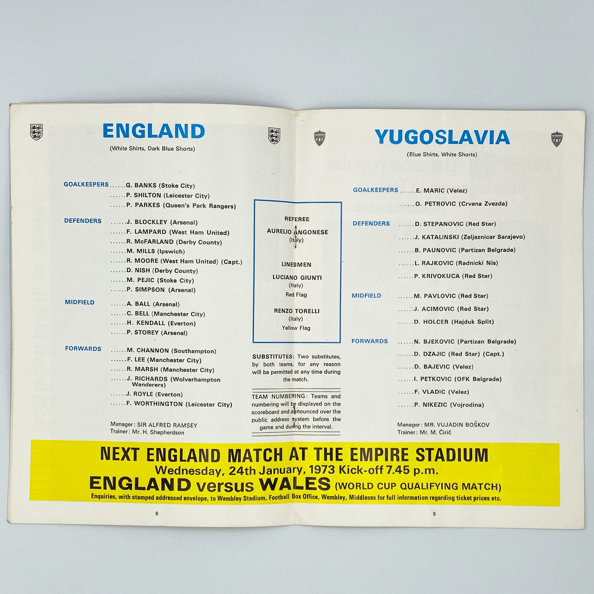 England vs Yugoslavia Programme & Ticket (11 October, 1972)