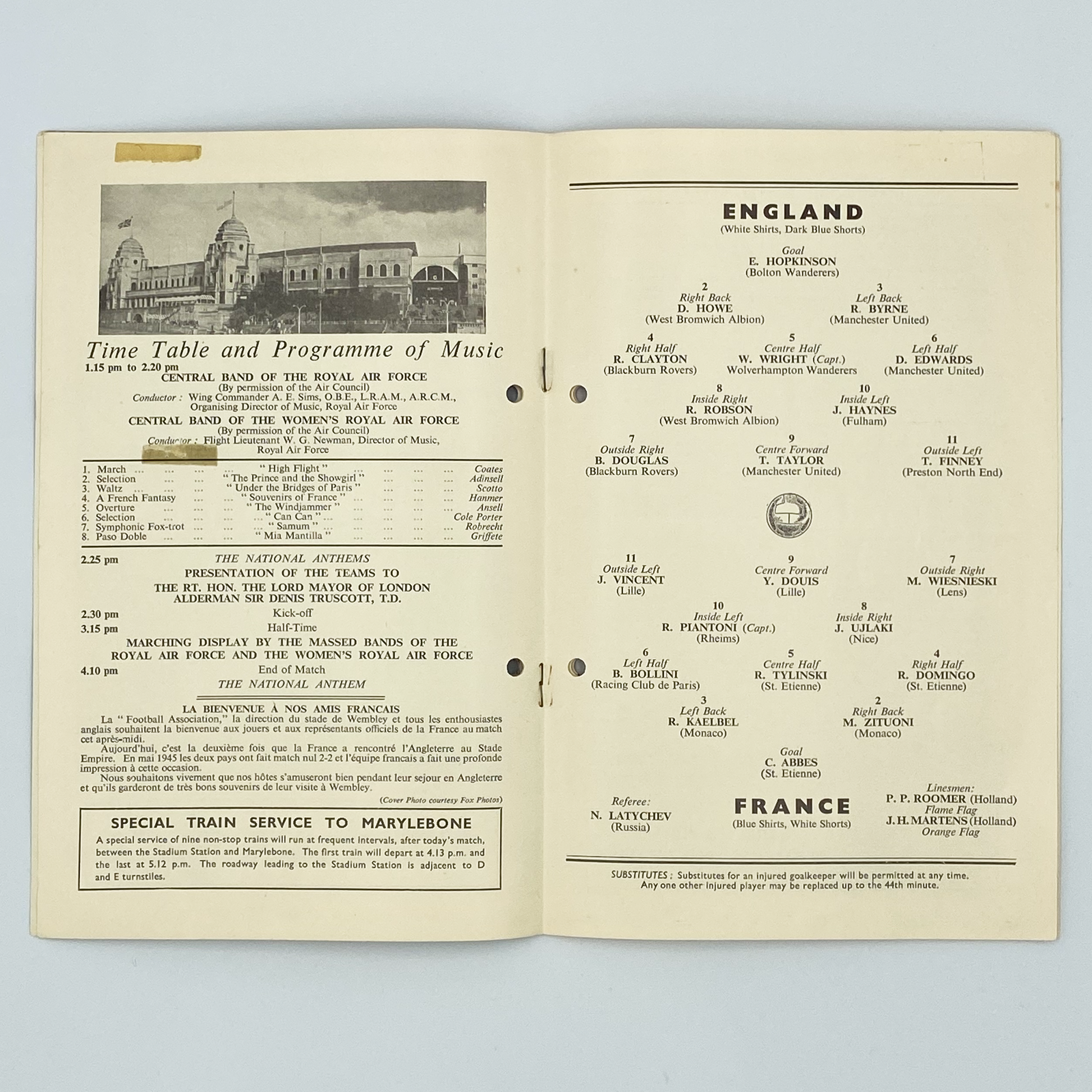 England vs France Programme & Ticket (27 November, 1957)