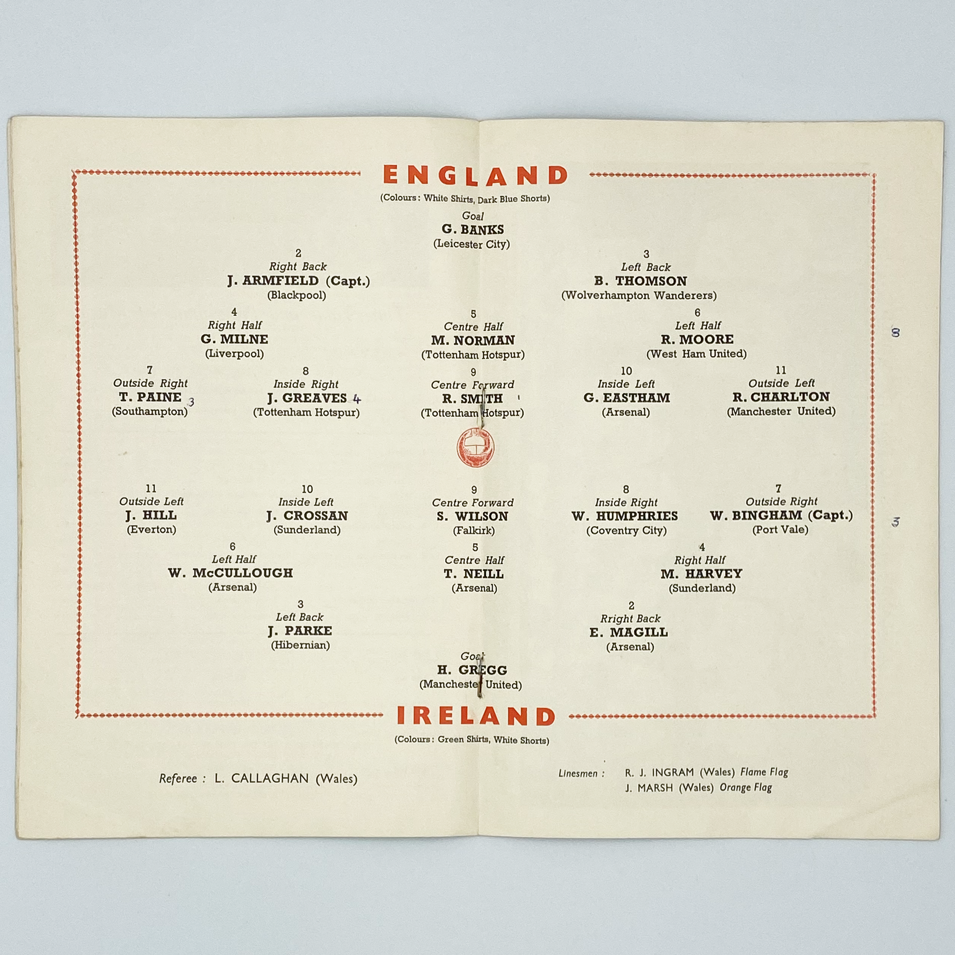 England vs Northern Ireland Programme & Ticket (20 November, 1963)