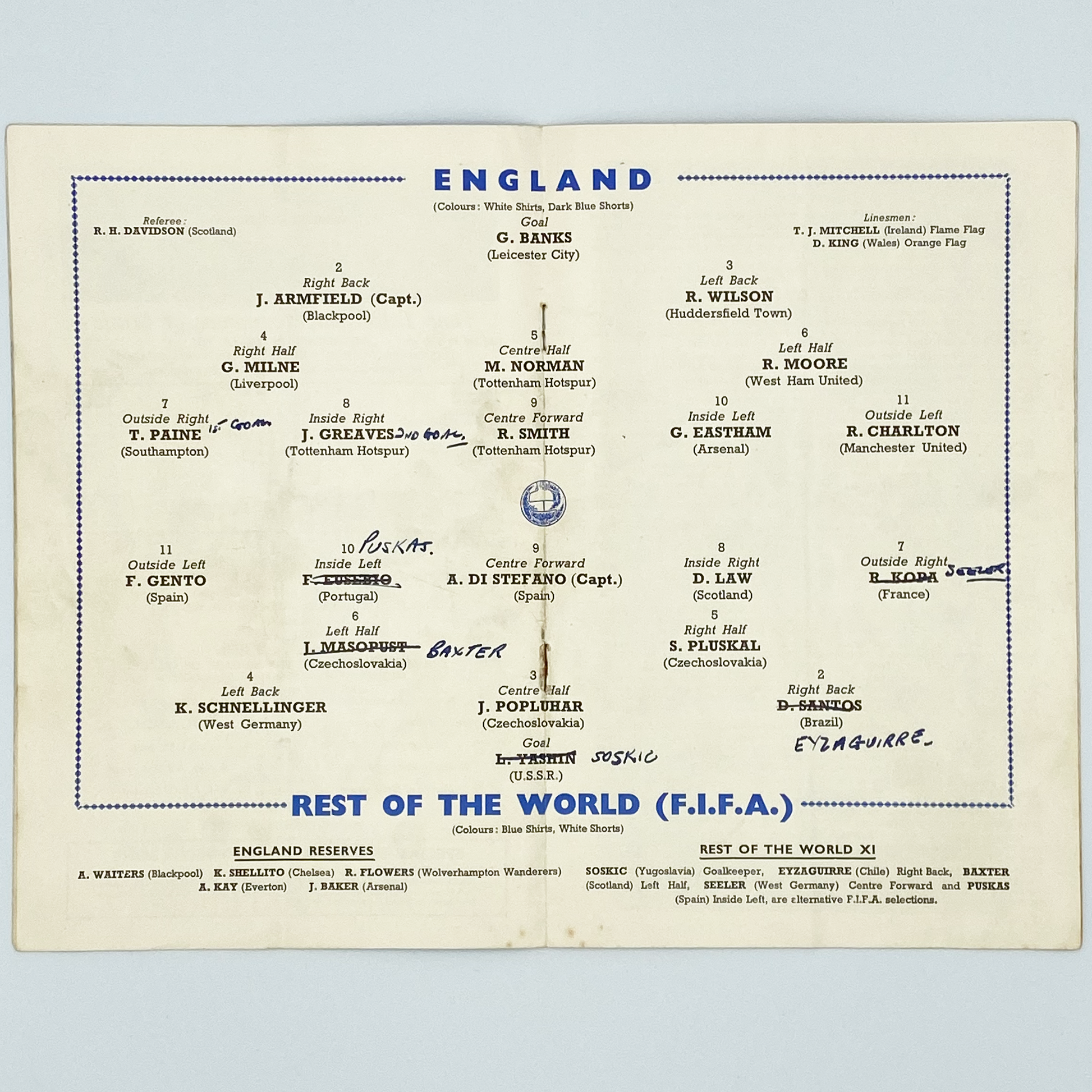 England vs Rest of the World Programme & Ticket (23 October, 1963)