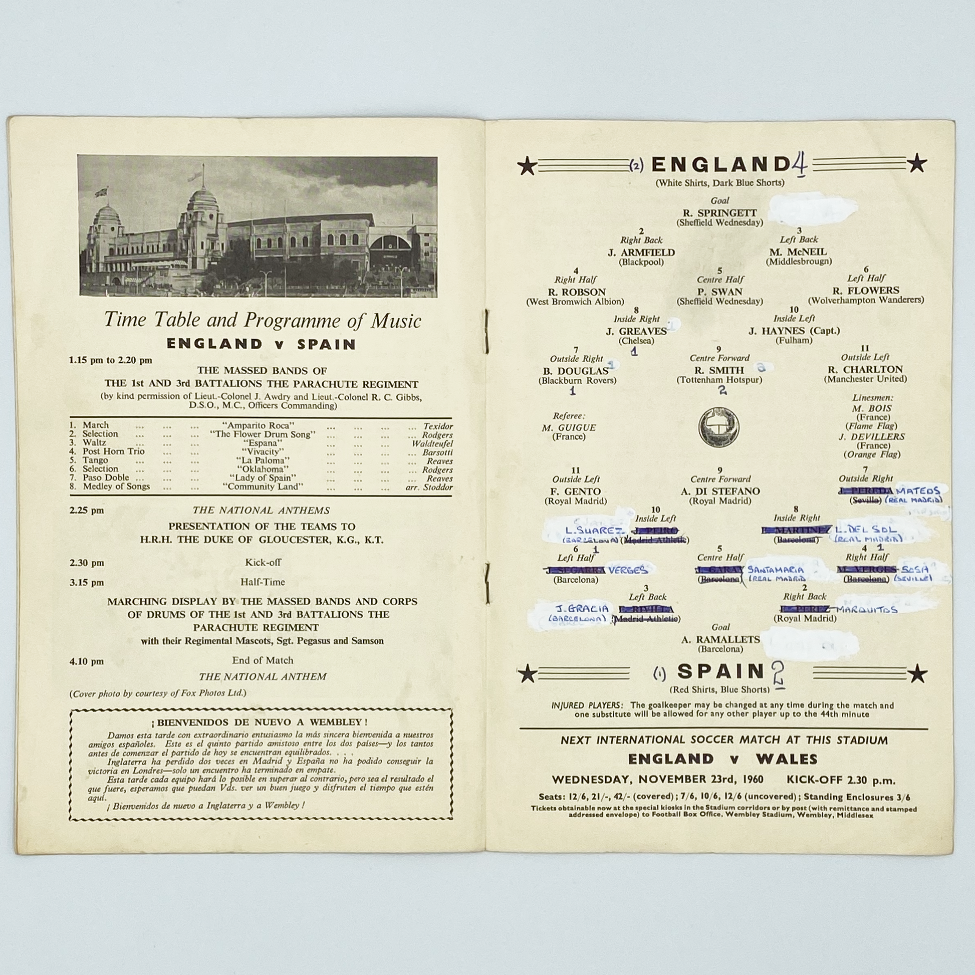 England vs Spain Programme & Ticket (26 October, 1960)