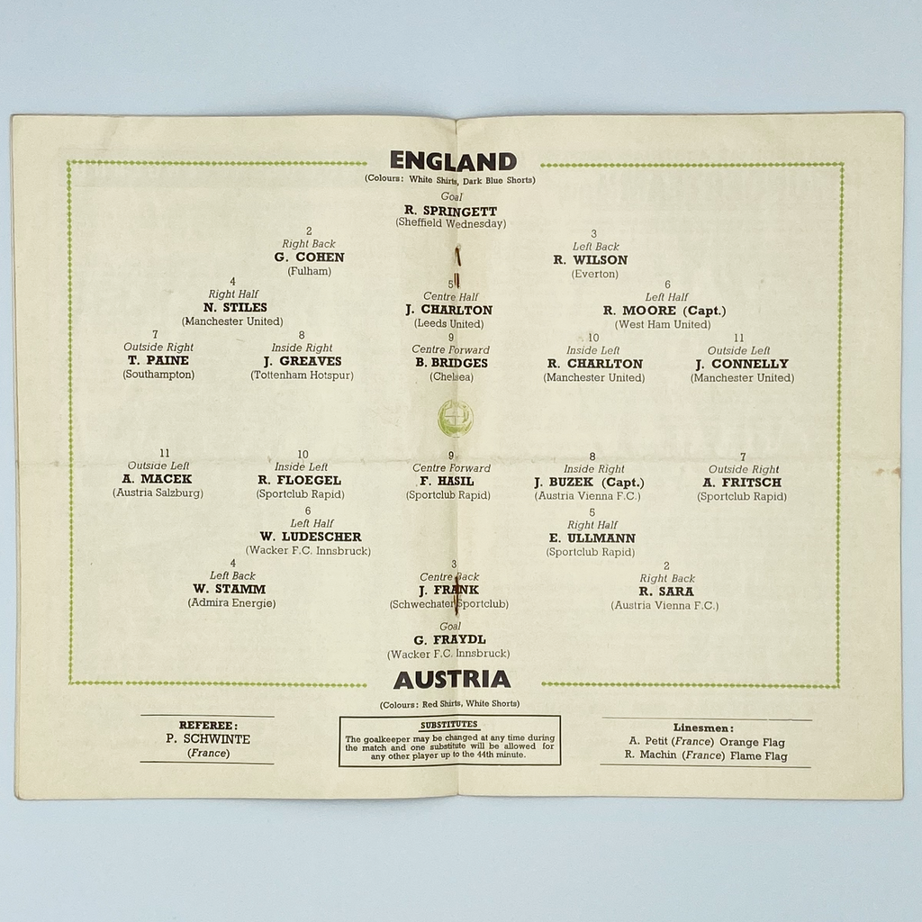 England vs Austria Programme (20 October, 1965)