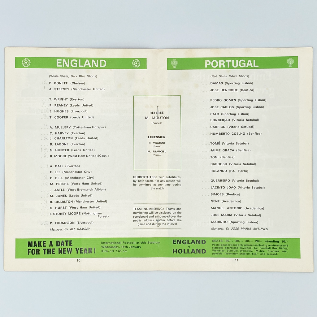 England vs Portugal Programme & Ticket (10 December, 1969)