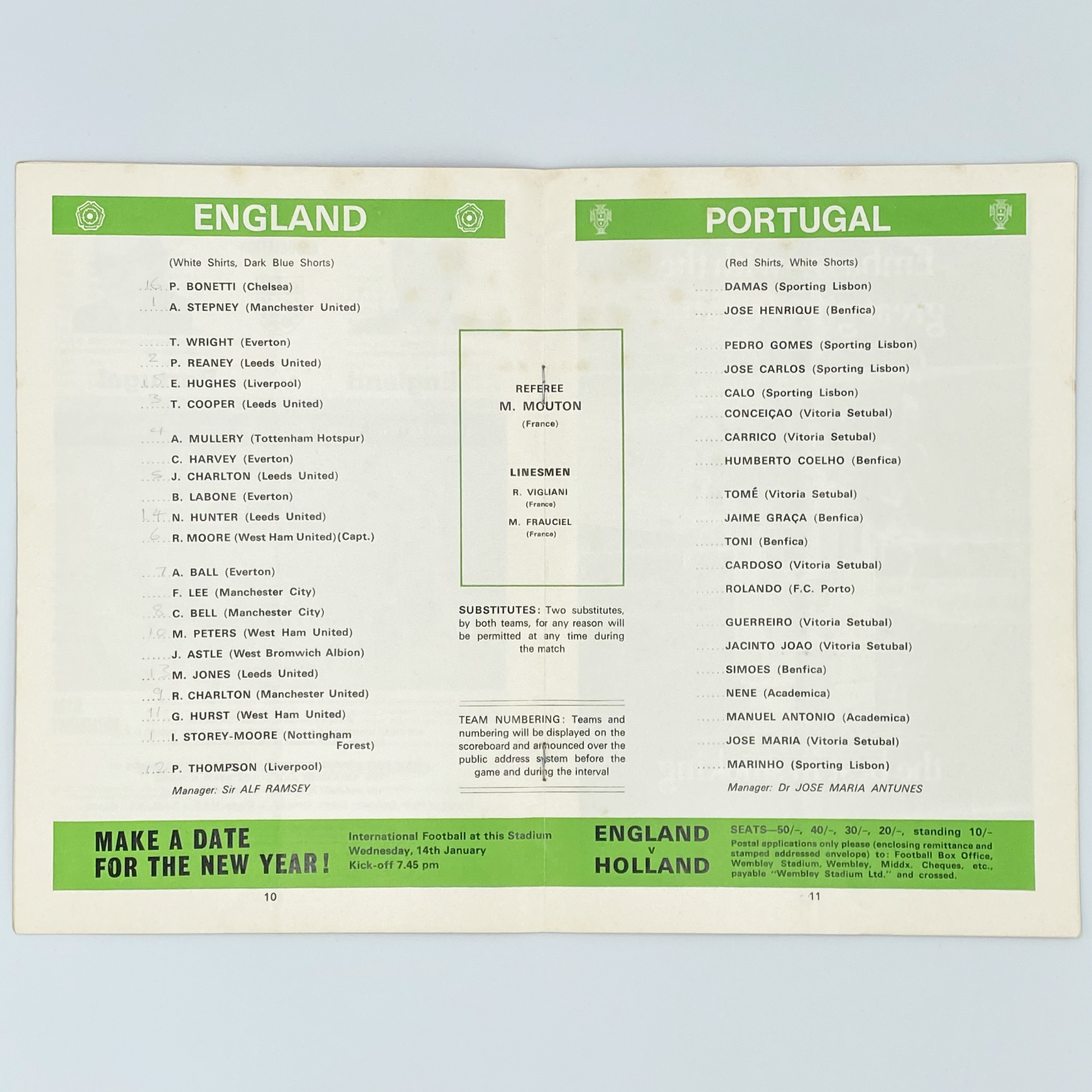 England vs Portugal Programme & Ticket (10 December, 1969)