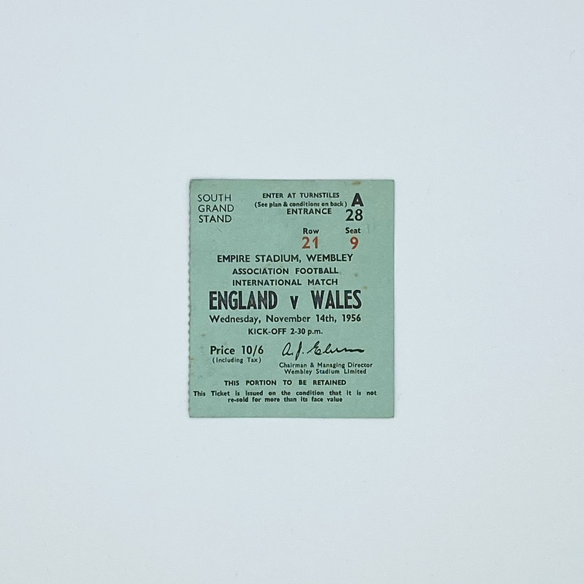England vs Wales Programme & Ticket (14 November, 1956)
