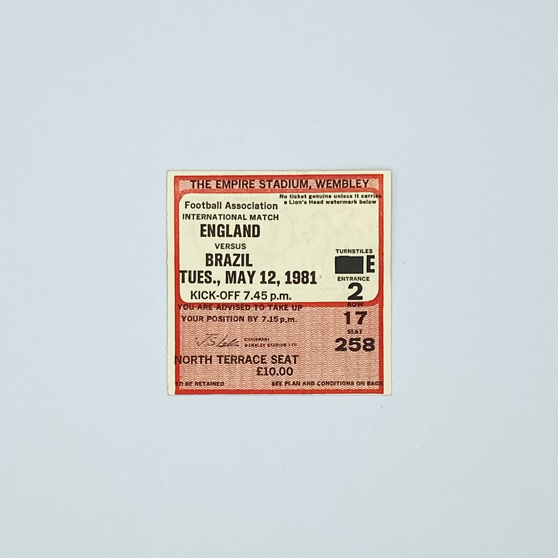 England vs Brazil Programme & Ticket (12 May, 1981)