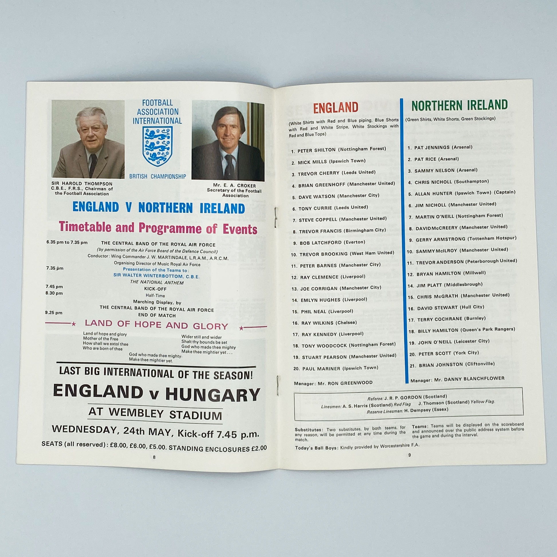 England vs Northern Ireland Programme & Ticket (16 May, 1978)