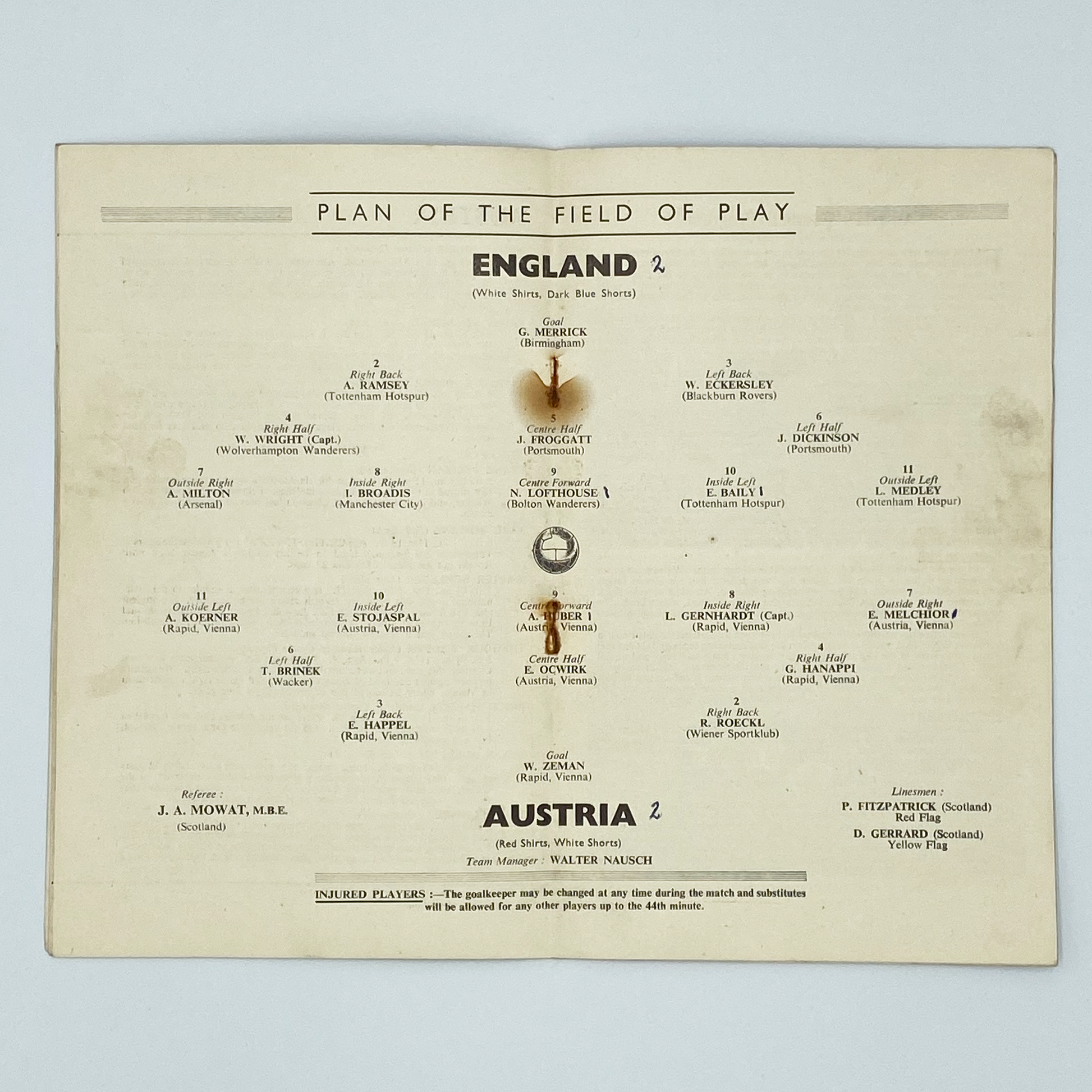 England vs Austria Programme & Ticket (28 November, 1951)