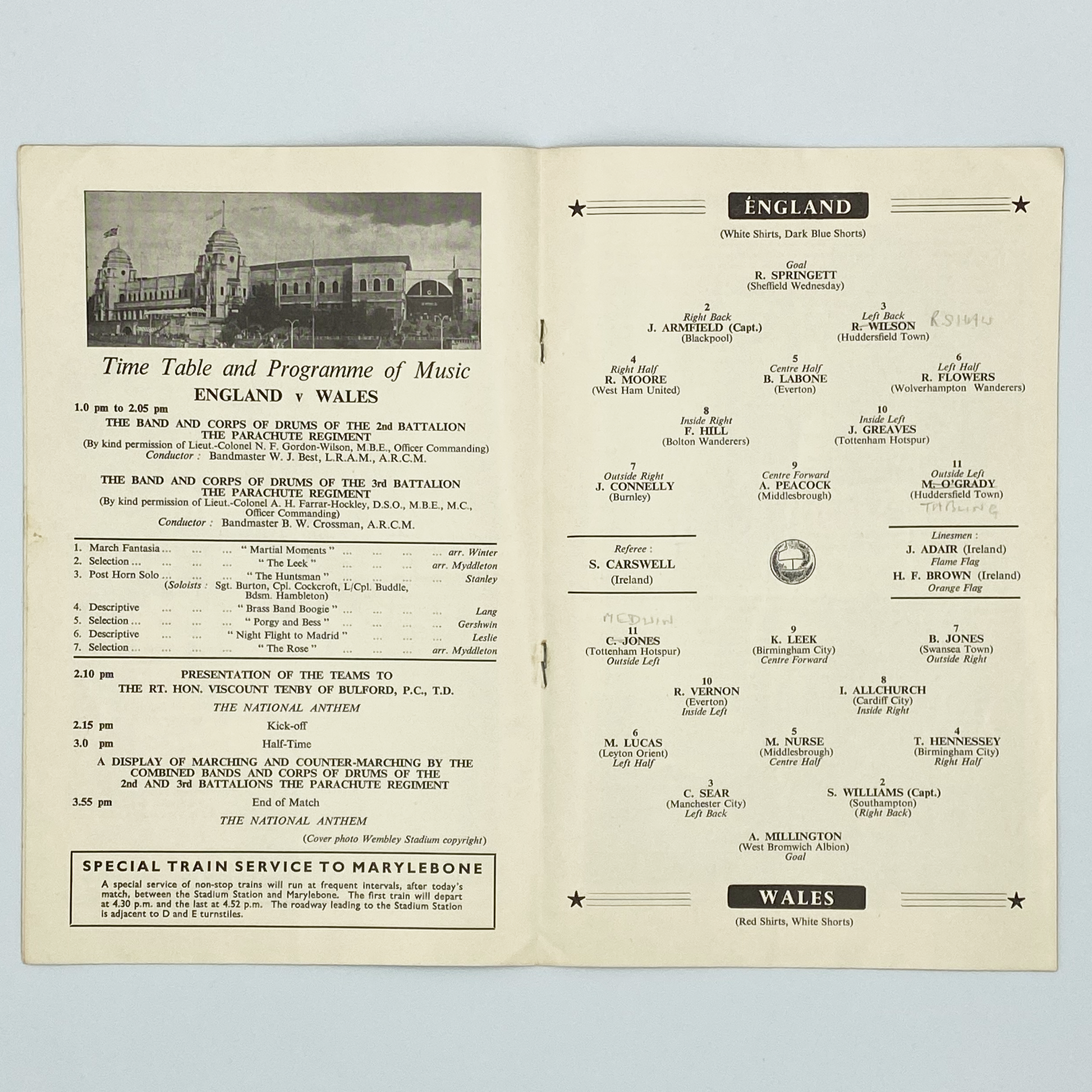 England vs Wales Programme (21 November, 1962)