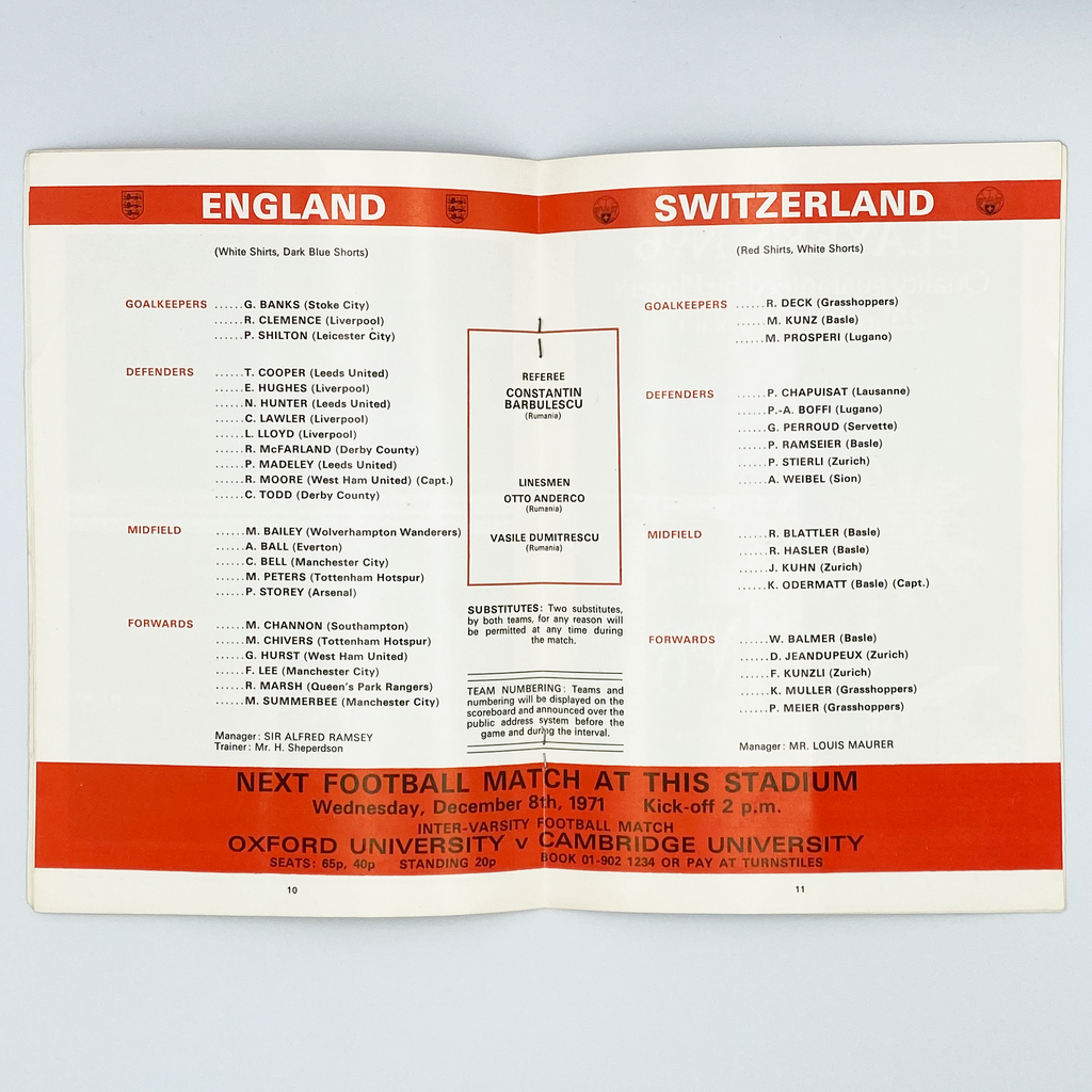 England vs Switzerland Programme & Ticket (10 November, 1971)