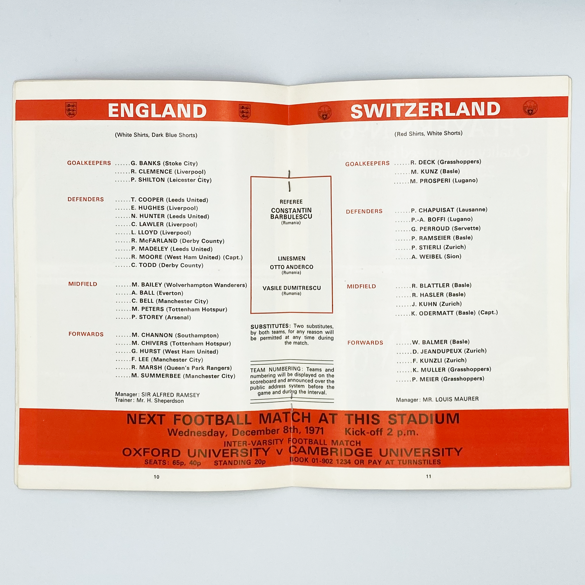 England vs Switzerland Programme & Ticket (10 November, 1971)