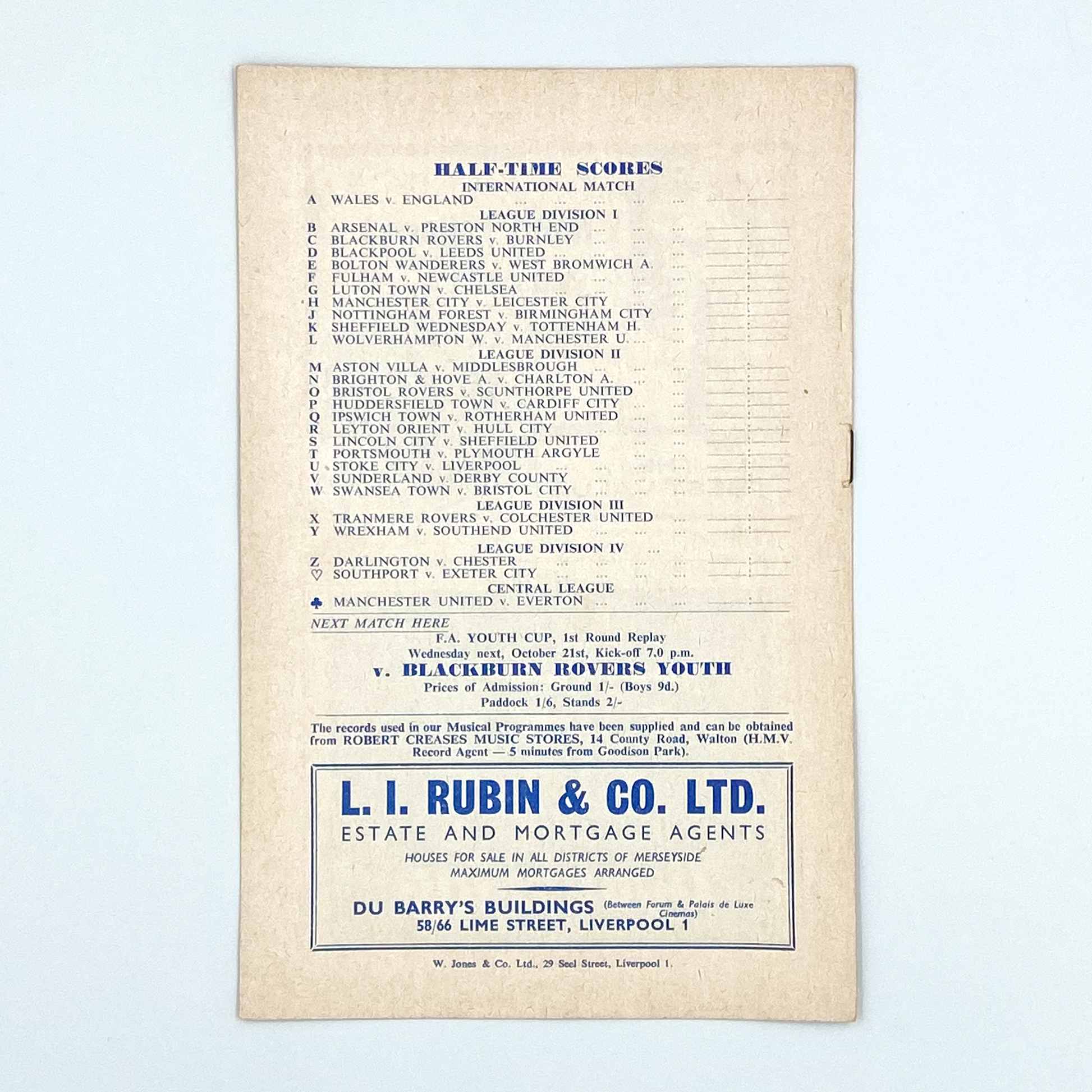 Everton vs West Ham United Programme (17 October, 1959)