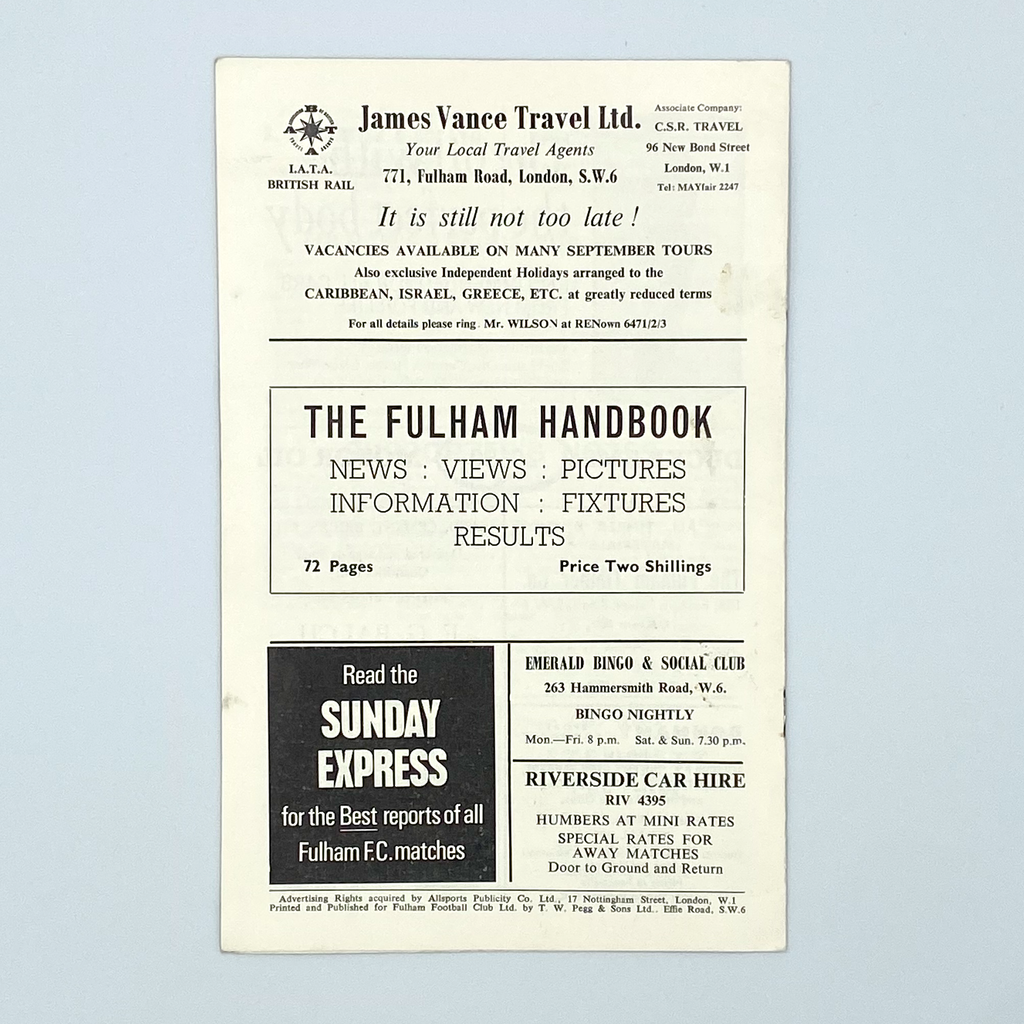 Fulham vs Tranmere Rovers Programme (13 September, 1967)