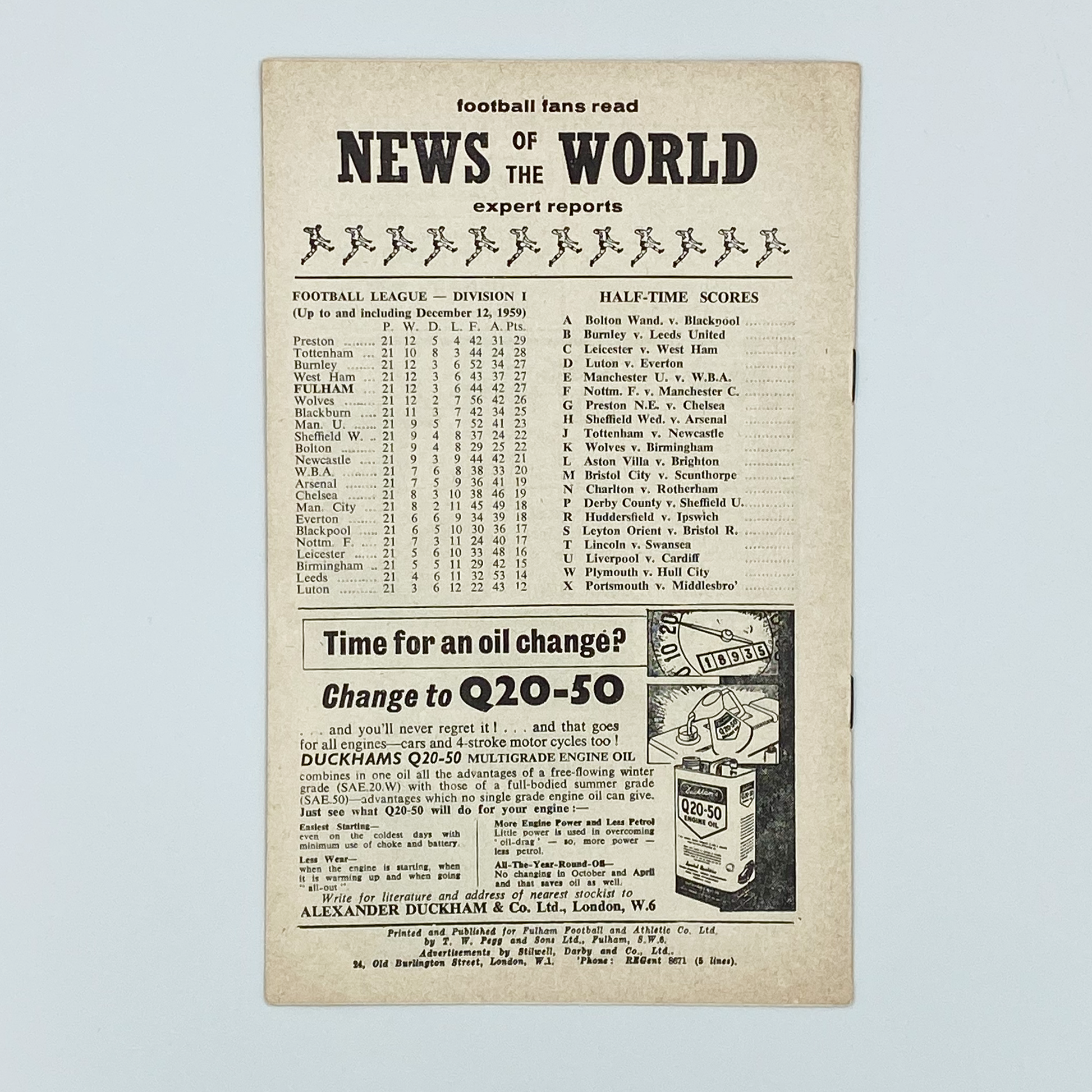 Fulham vs Blackburn Rovers Programme (19 December, 1959)