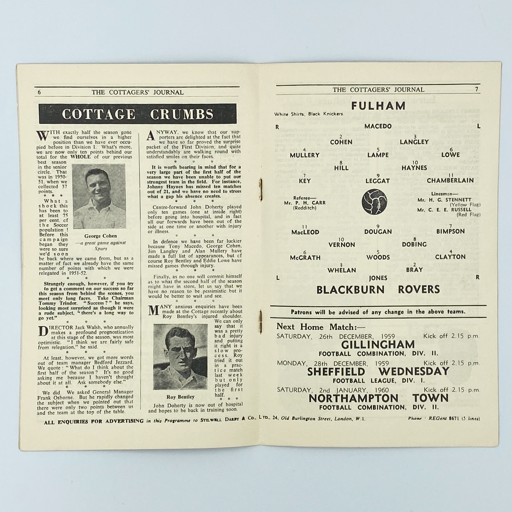 Fulham vs Blackburn Rovers Programme (19 December, 1959)