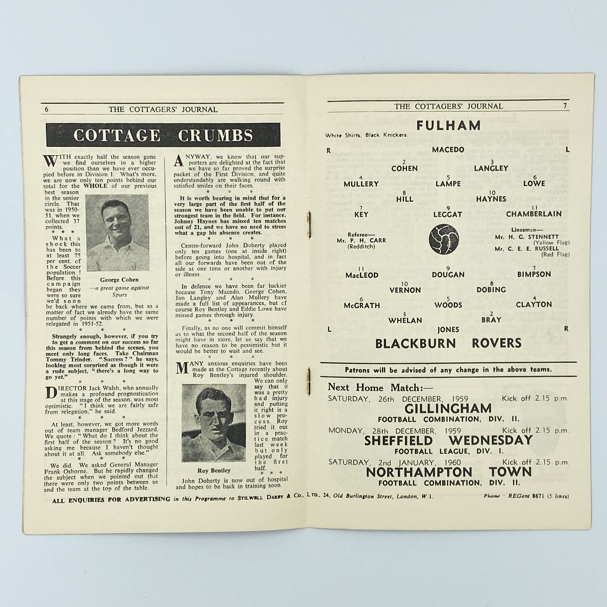 Fulham vs Blackburn Rovers Programme (19 December, 1959)