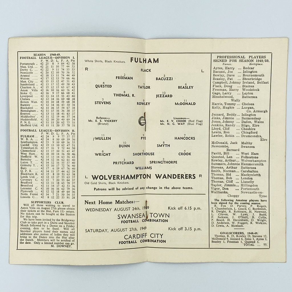 Fulham vs Wolverhampton Wanderers Programme (20 August, 1949)