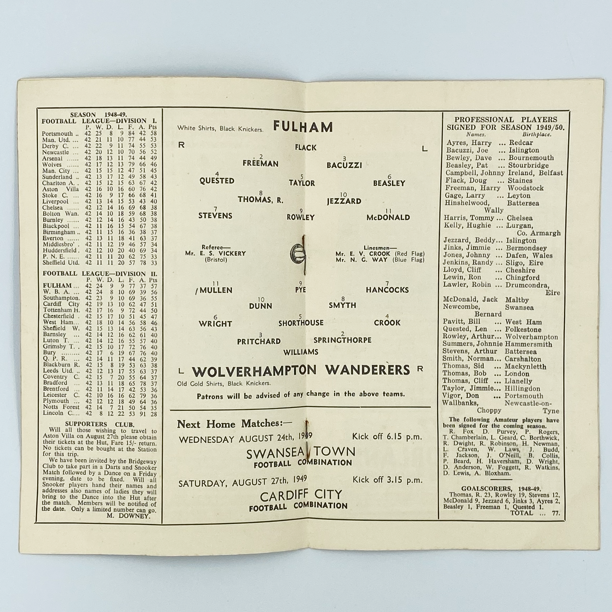Fulham vs Wolverhampton Wanderers Programme (20 August, 1949)