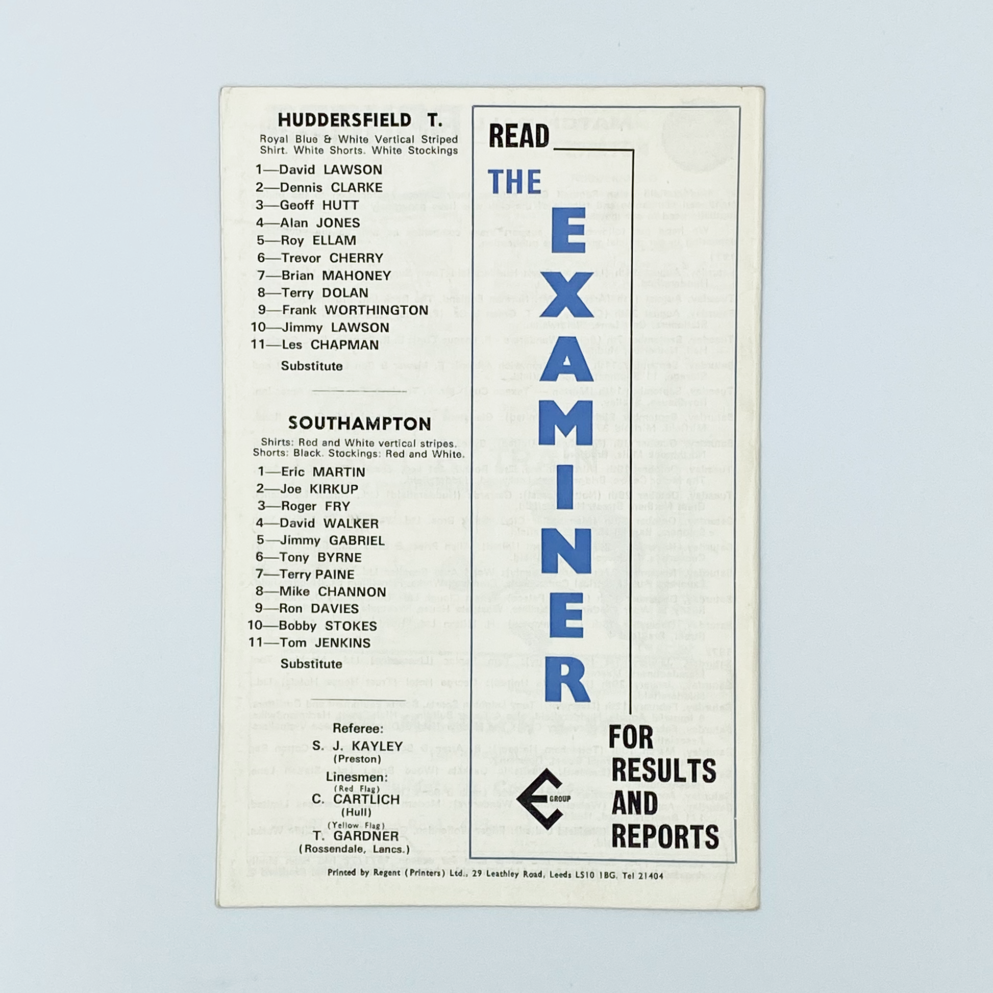 Huddersfield Town vs Southampton Programme (18 December, 1971)