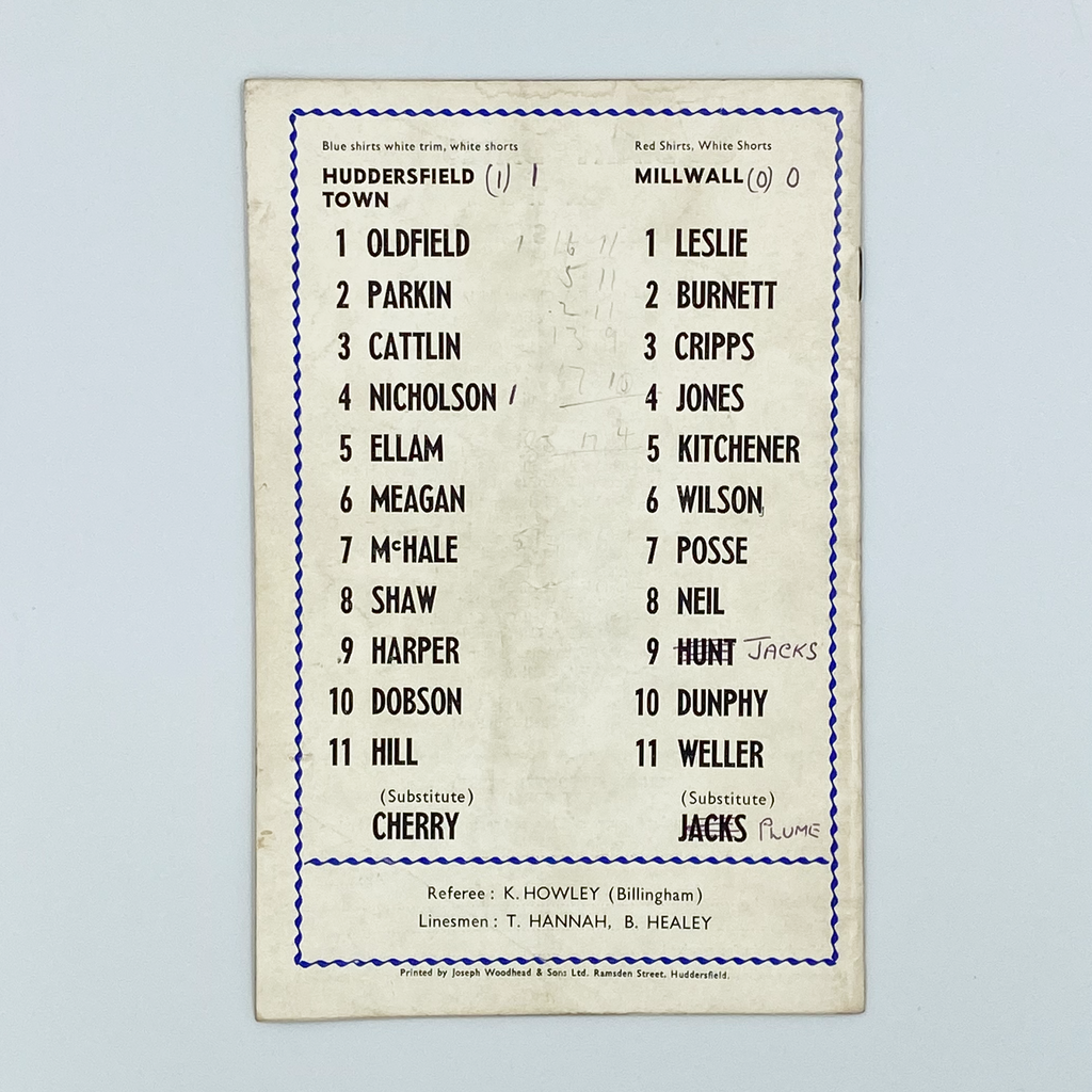 Huddersfield Town vs Millwall Programme (22 August, 1967)
