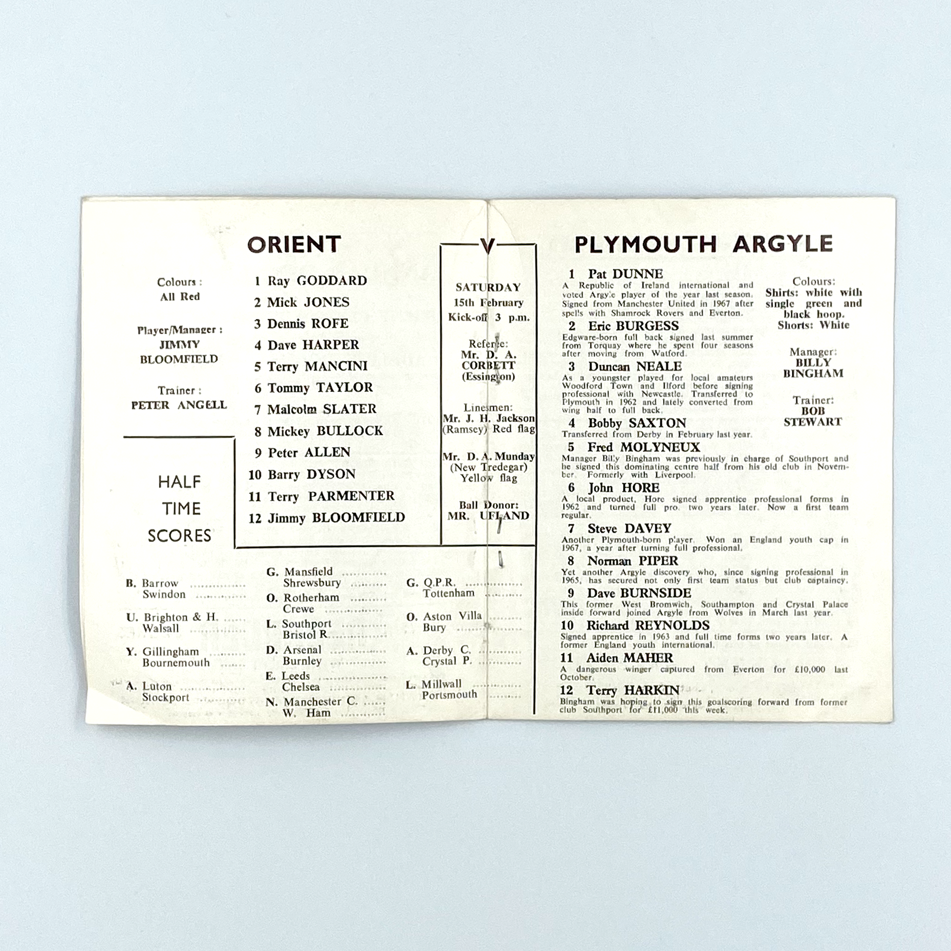 Leyton Orient vs Plymouth Argyle Programme (15 February, 1969)