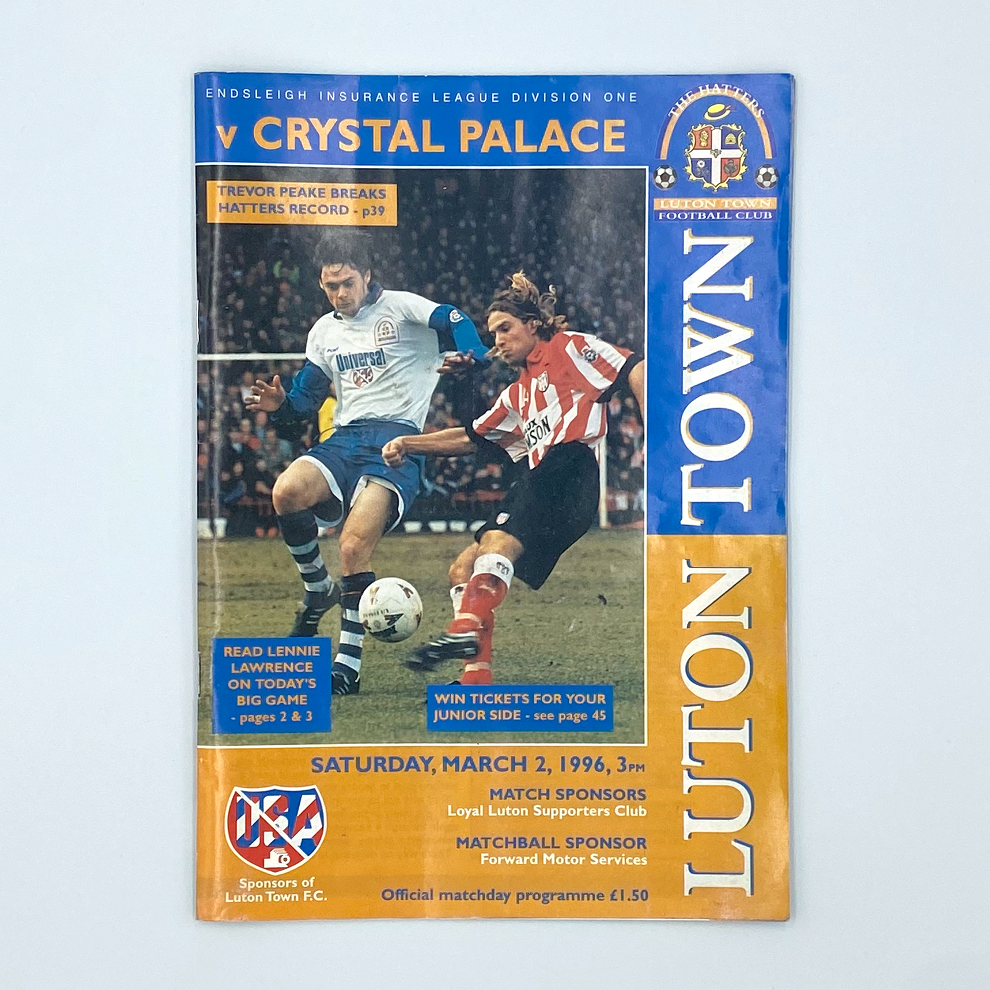 Luton Town vs Crystal Palace Programme & Ticket (2 March, 1996)