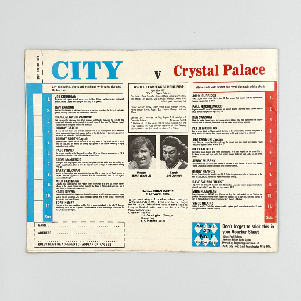 Manchester City vs Crystal Palace Programme (18 August, 1979)