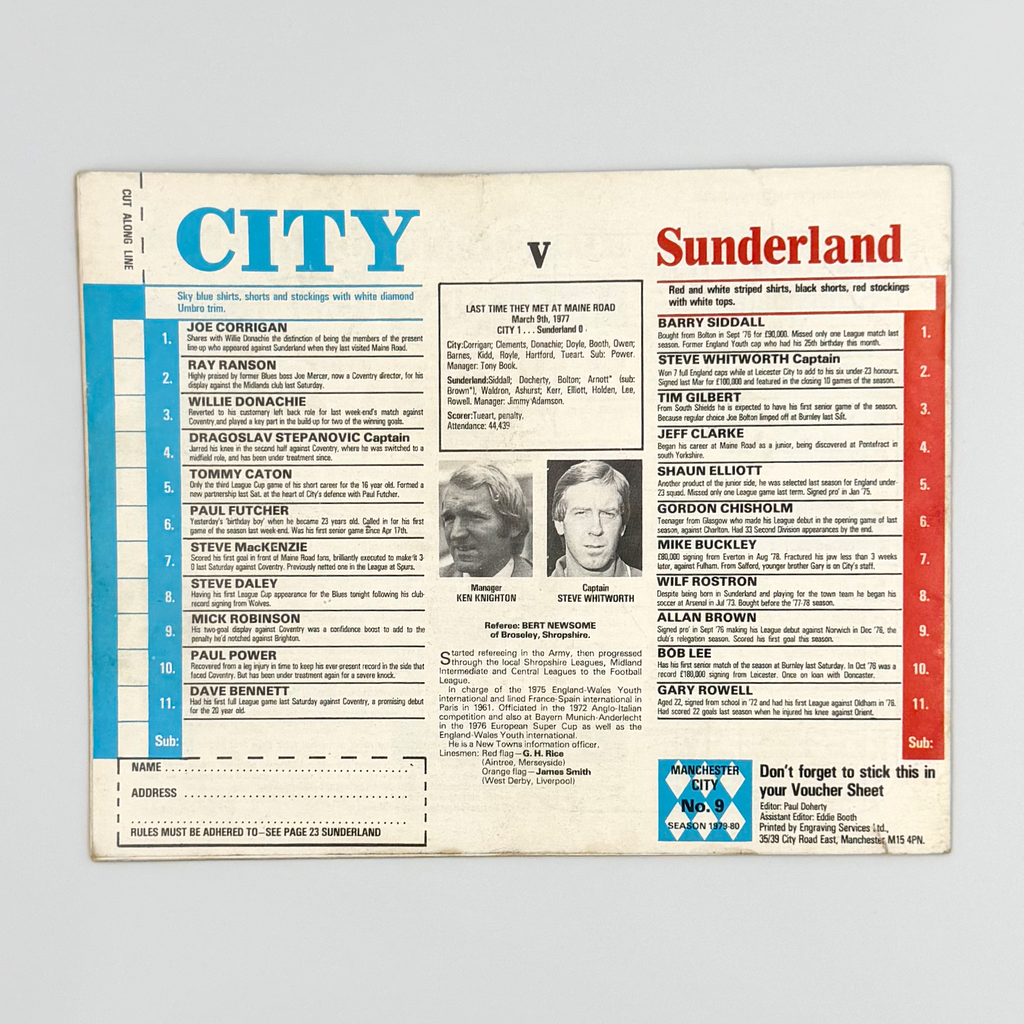 Manchester City vs Sunderland Programme (26 September, 1979)