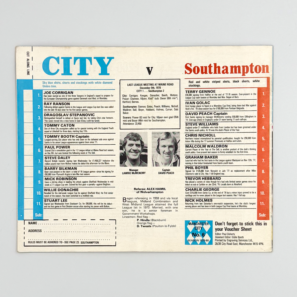 Manchester City vs Southampton Programme (8 September, 1979)