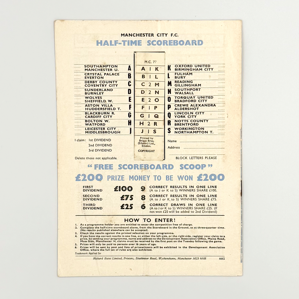 Manchester City vs Newcastle United Programme (Wednesday, 8 October, 1969)