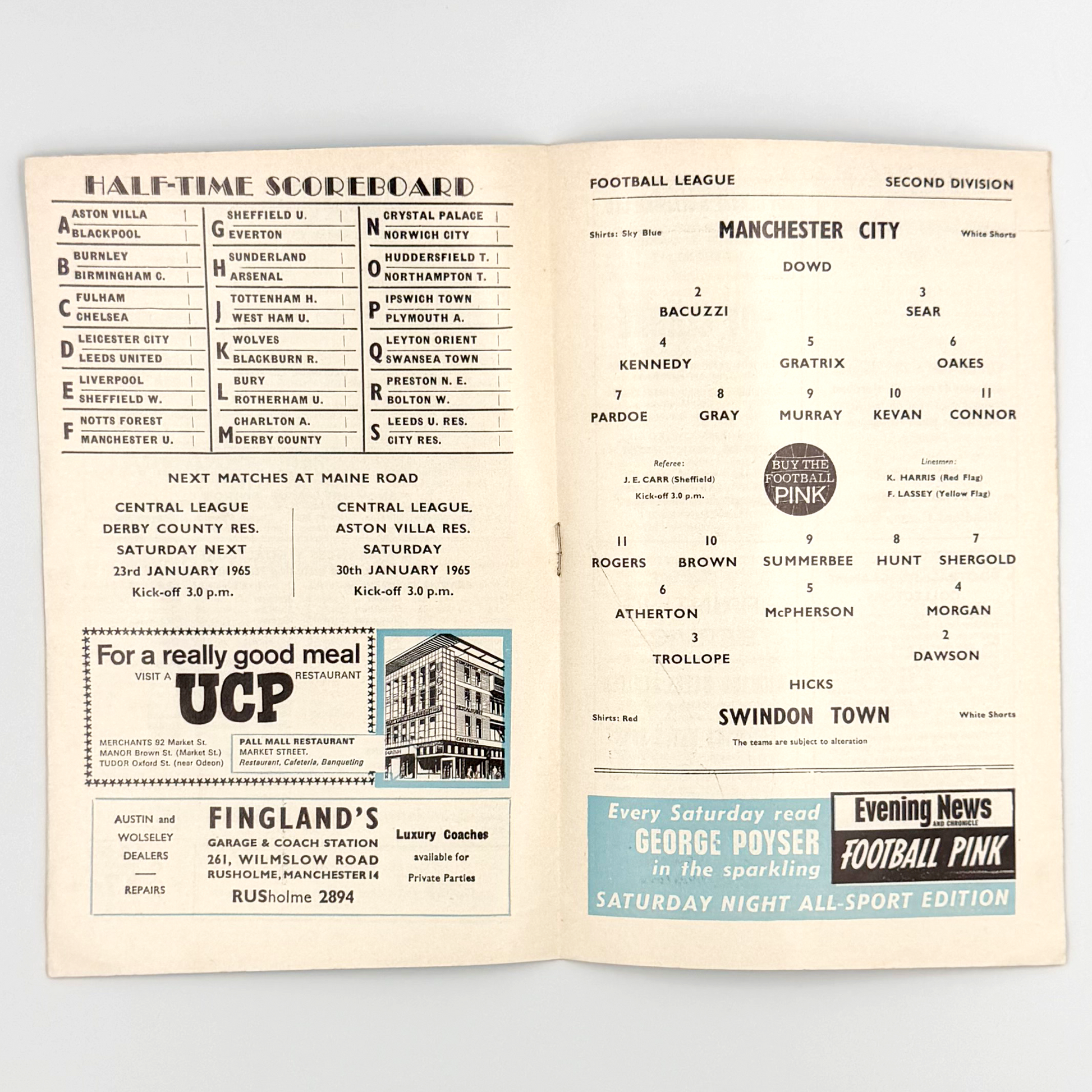 Manchester City vs Swindon Town Programme (Saturday, 16 January, 1965)