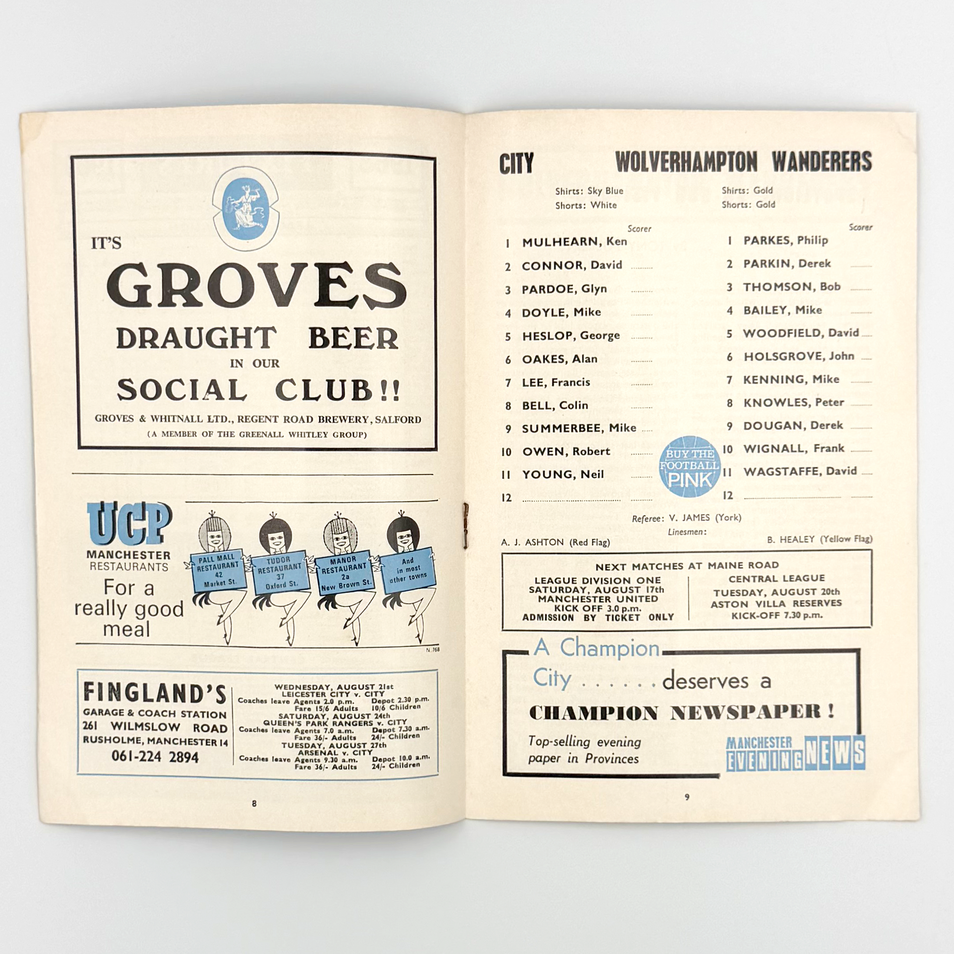 Manchester City vs Wolverhampton Wanderers Programme (Wednesday, 14 August, 1968)