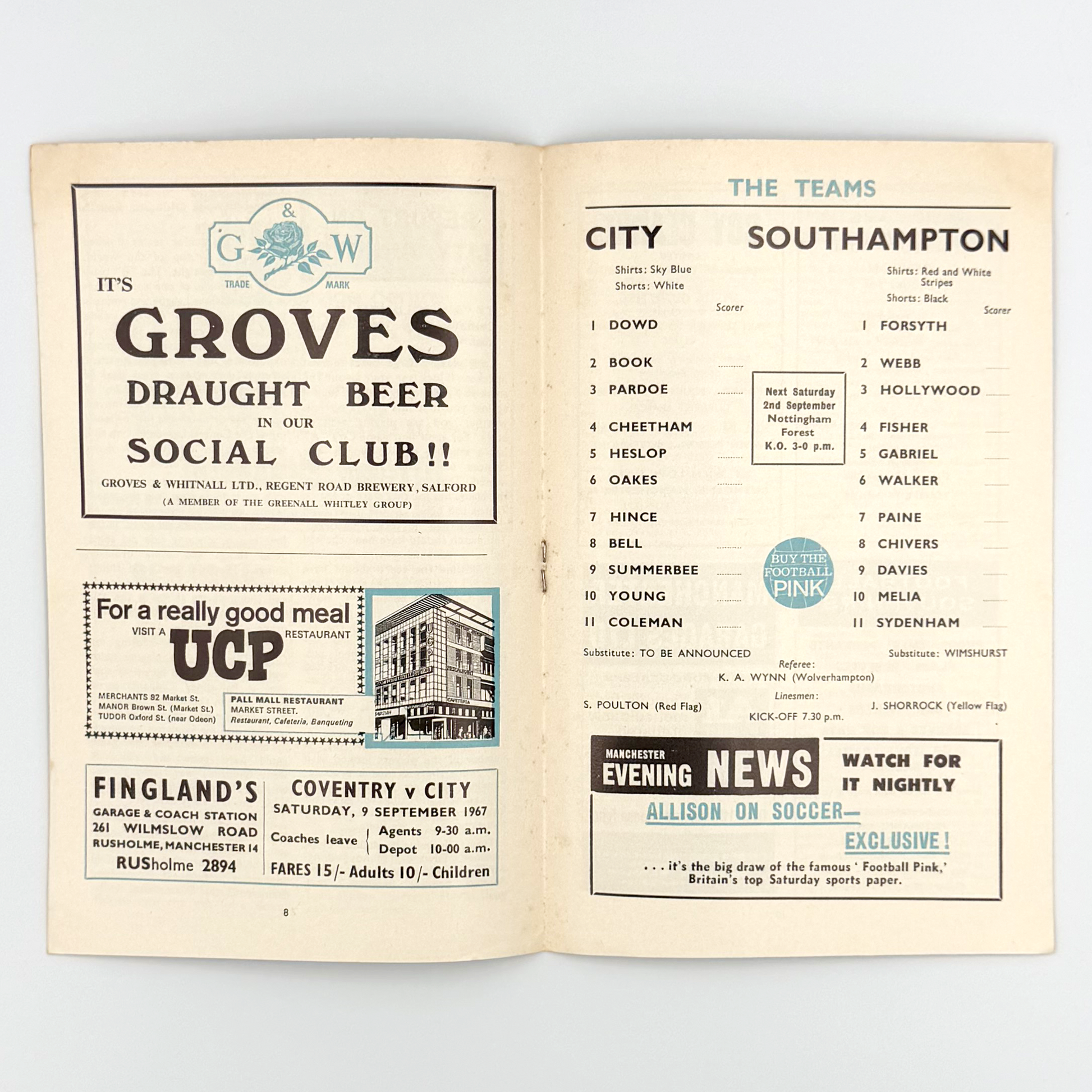 Manchester City vs Southampton Programme (Wednesday, 30 August, 1967)