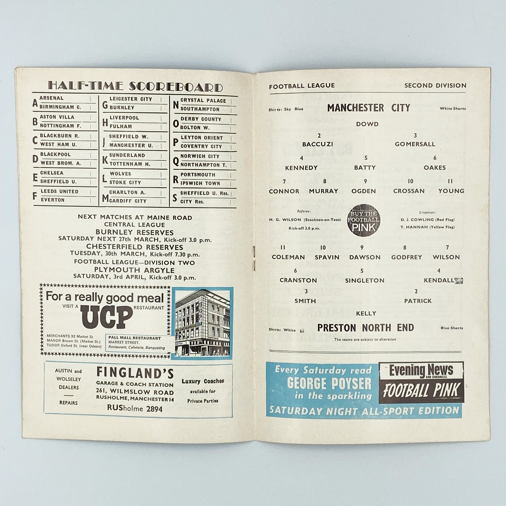 Manchester City vs Preston North End Programme (20 March, 1965)