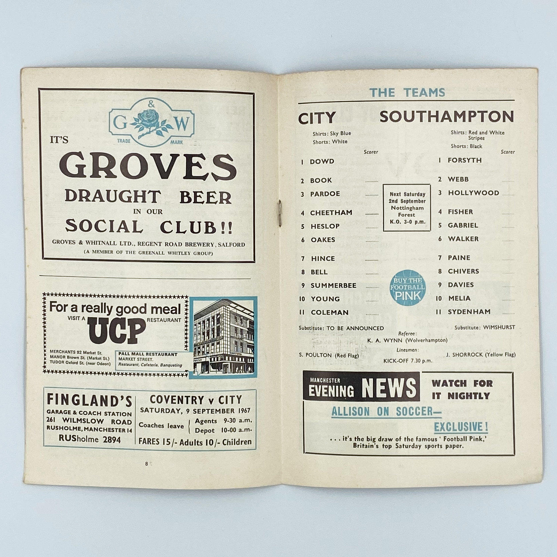 Manchester City vs Southampton Programme (30 August, 1967)