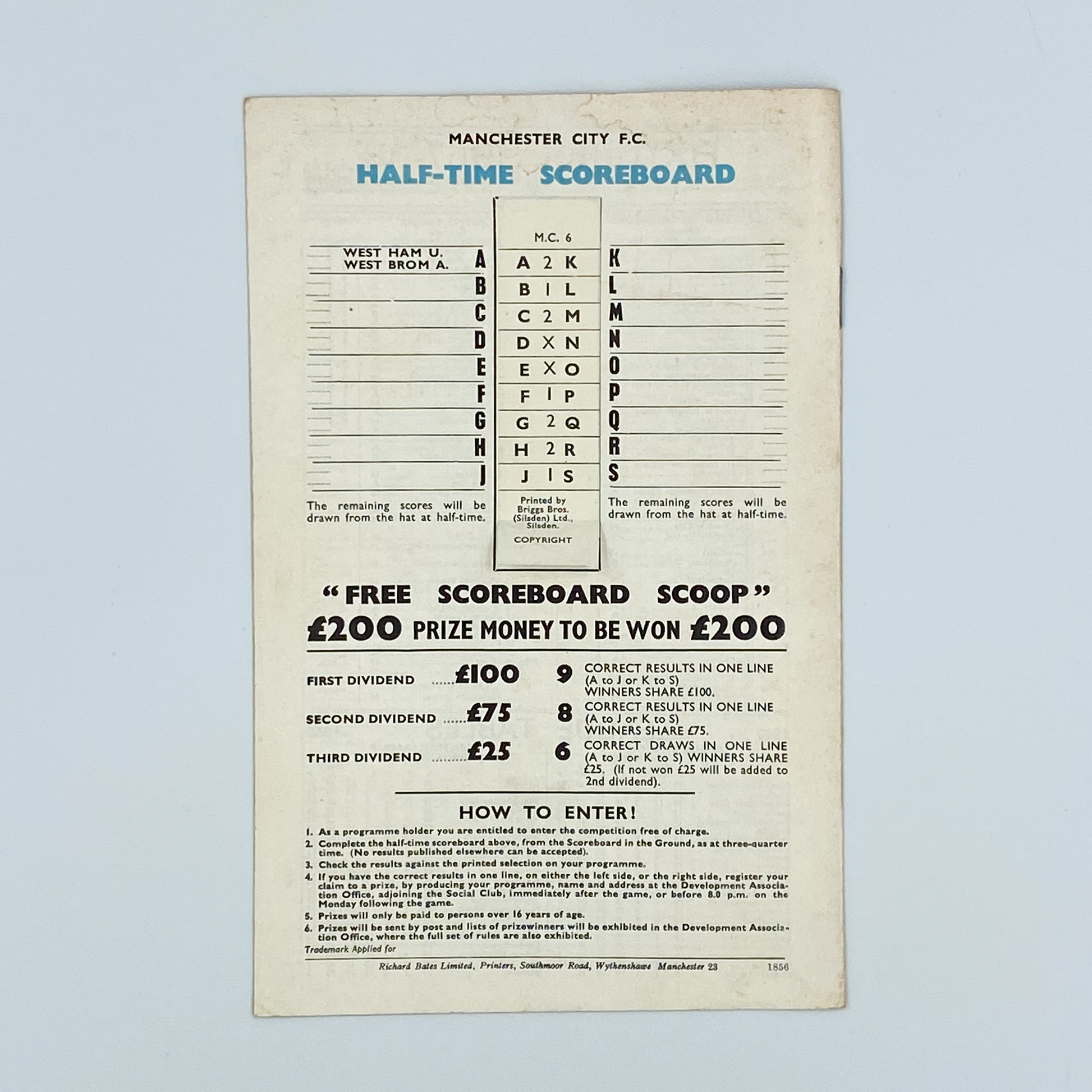 Manchester City vs Sparta Prague Programme (11 December, 1967)