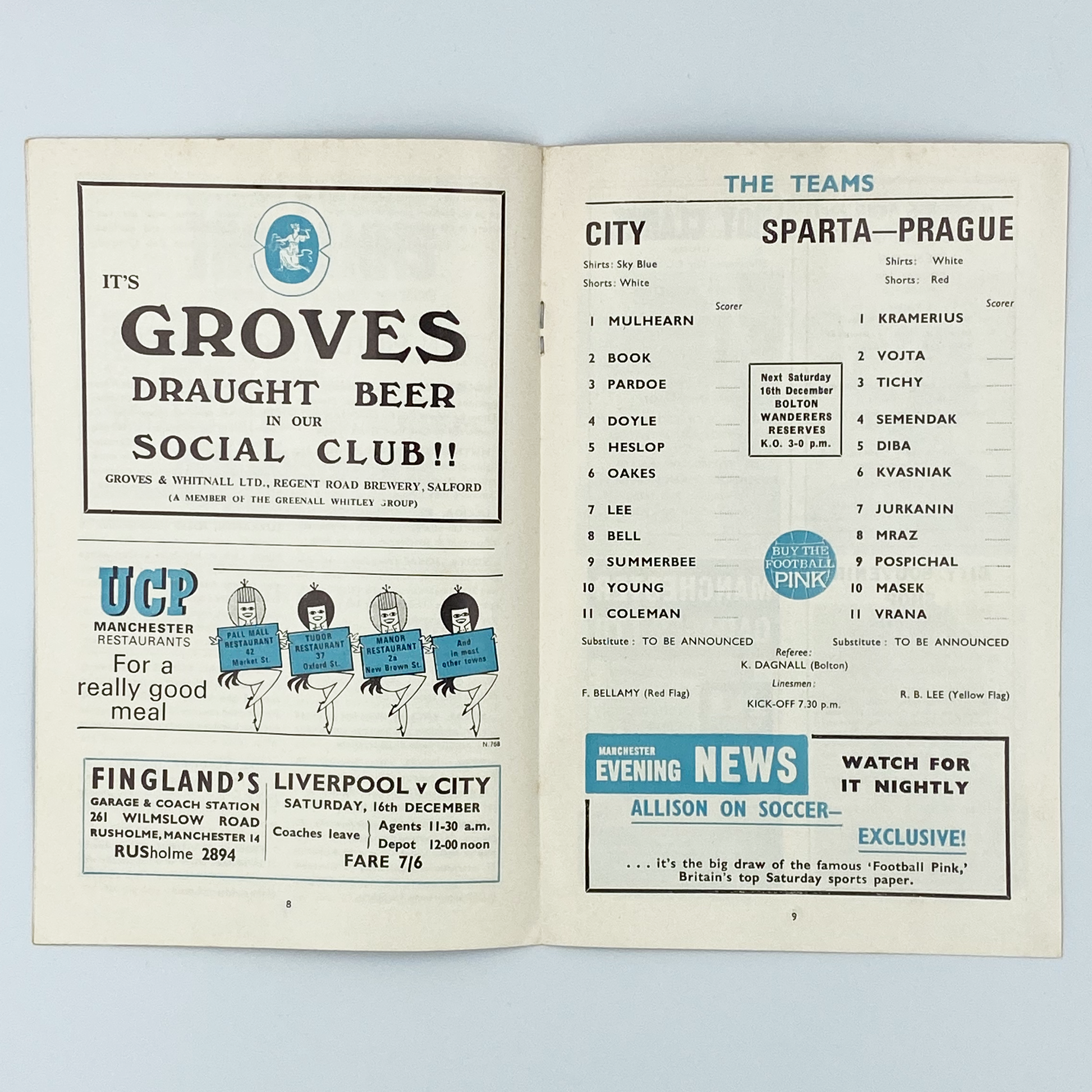 Manchester City vs Sparta Prague Programme (11 December, 1967)
