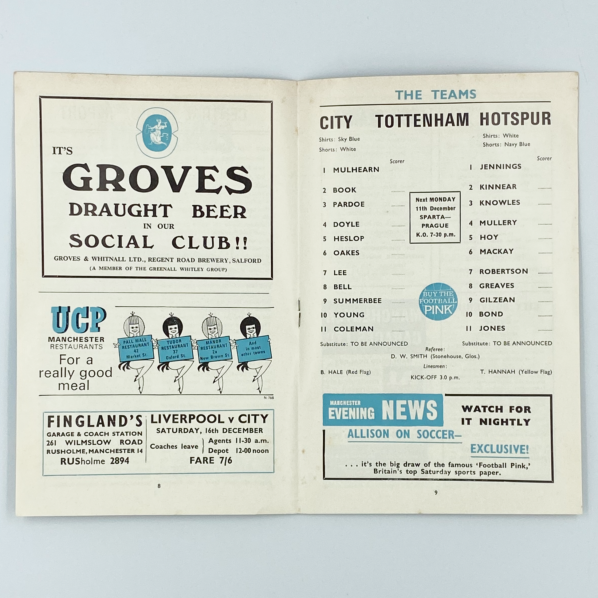 Manchester City vs Tottenham Hotspur Programme (9 December, 1967)
