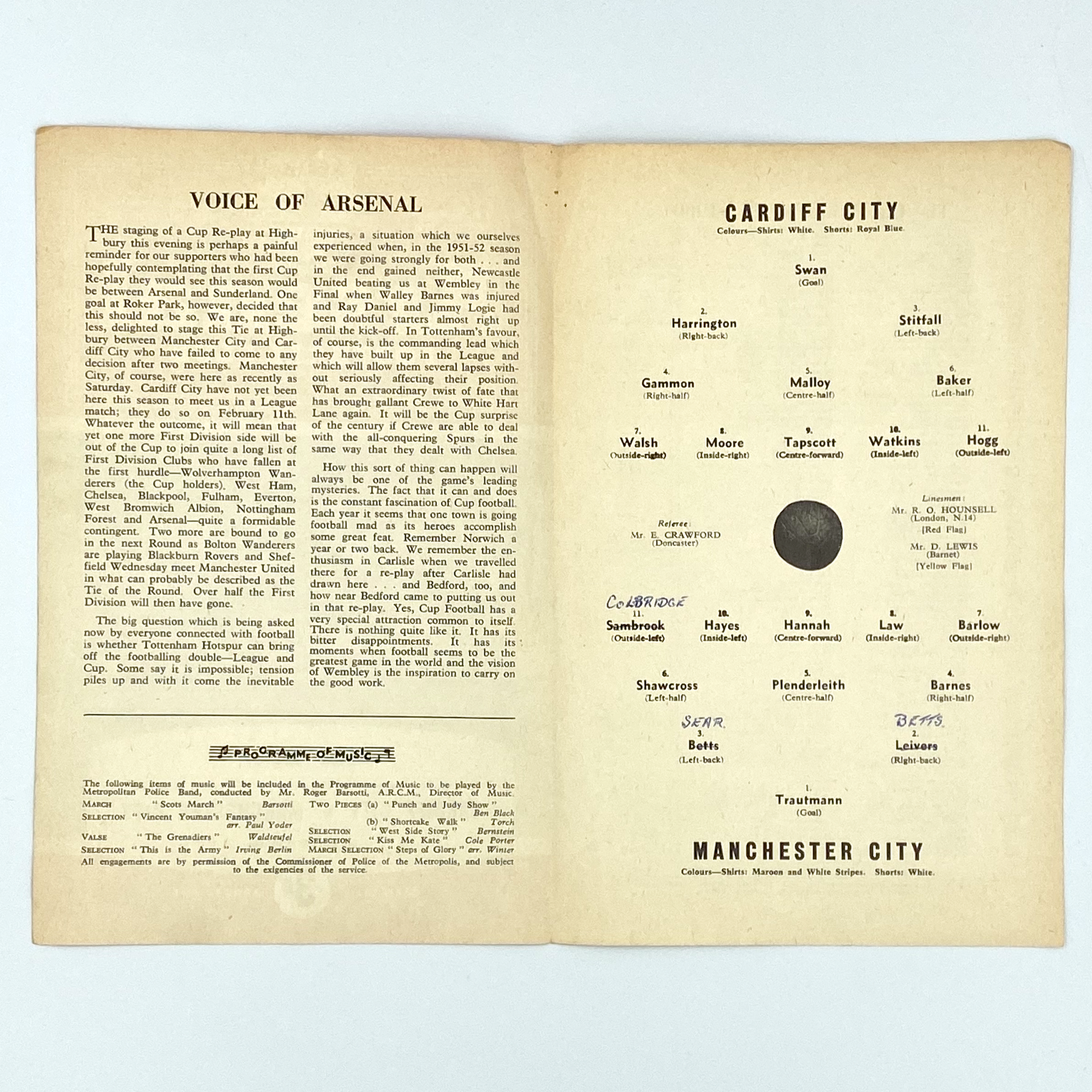 Cardiff City vs Manchester City Programme (16 January, 1961)