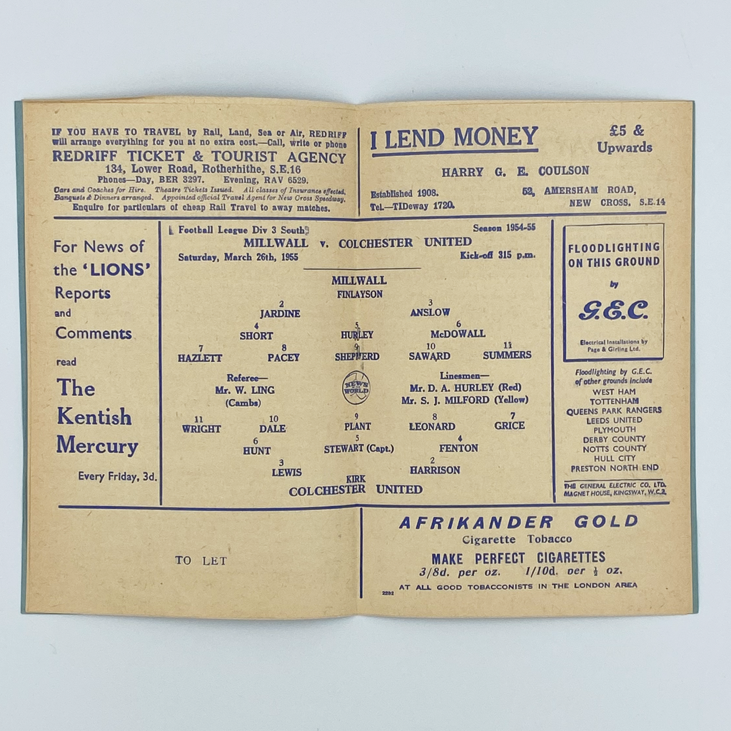Millwall vs Colchester United Programme (26 March, 1955)