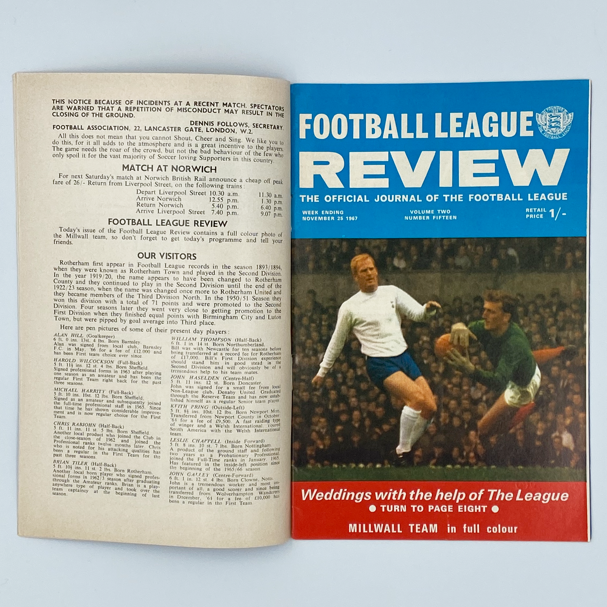 Millwall vs Rotherham United Programme (25 November, 1967)