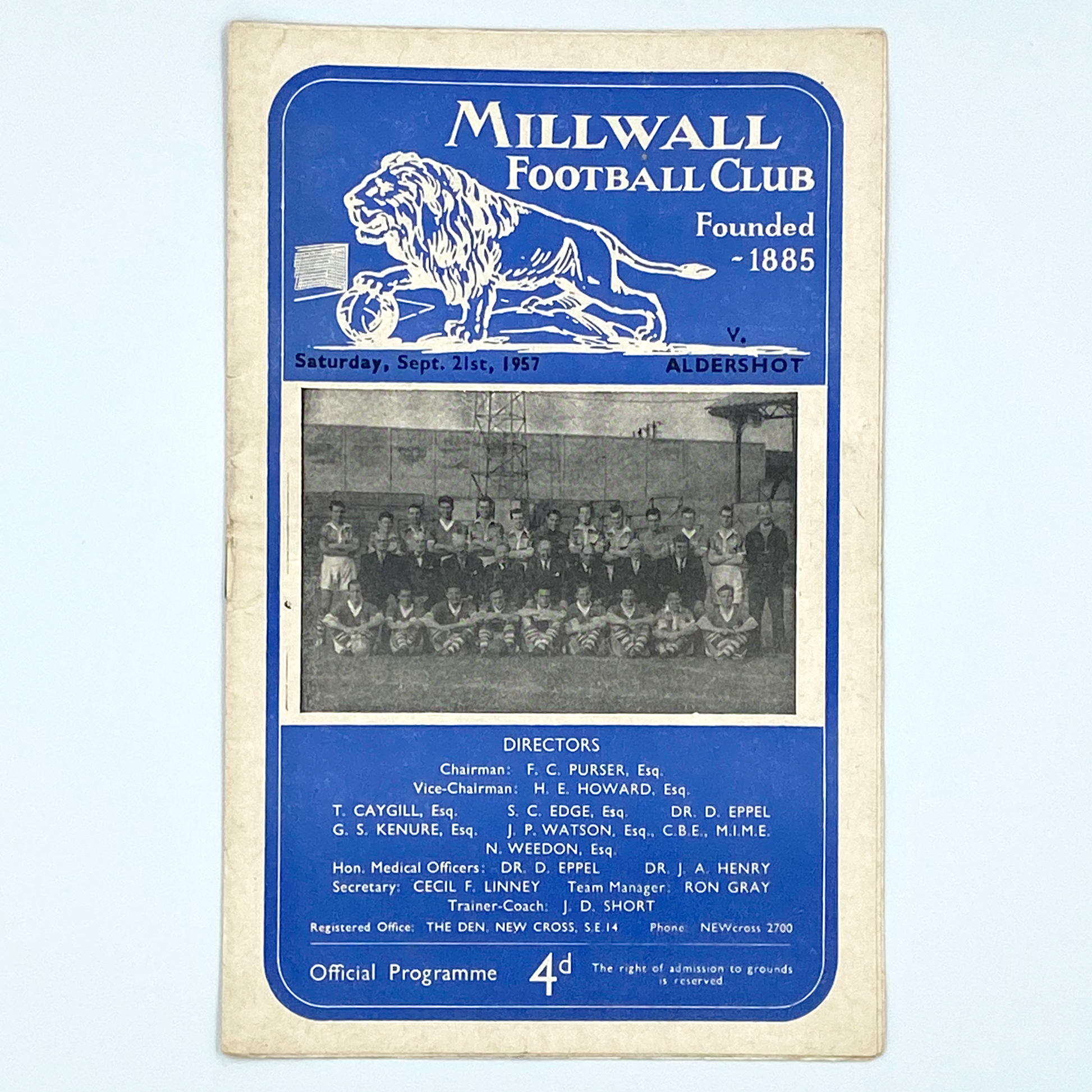 Millwall vs Aldershot Programme (21 September, 1957)