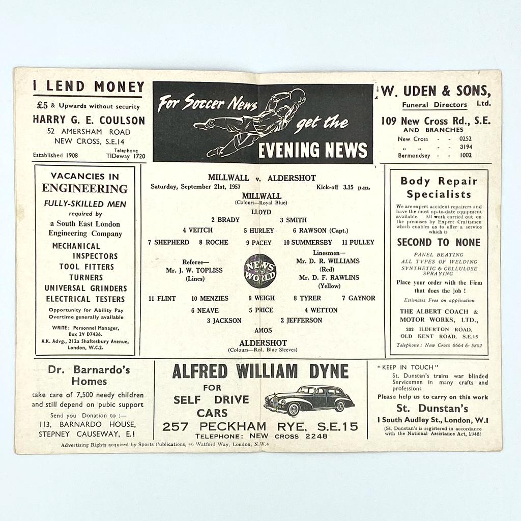 Millwall vs Aldershot Programme (21 September, 1957)