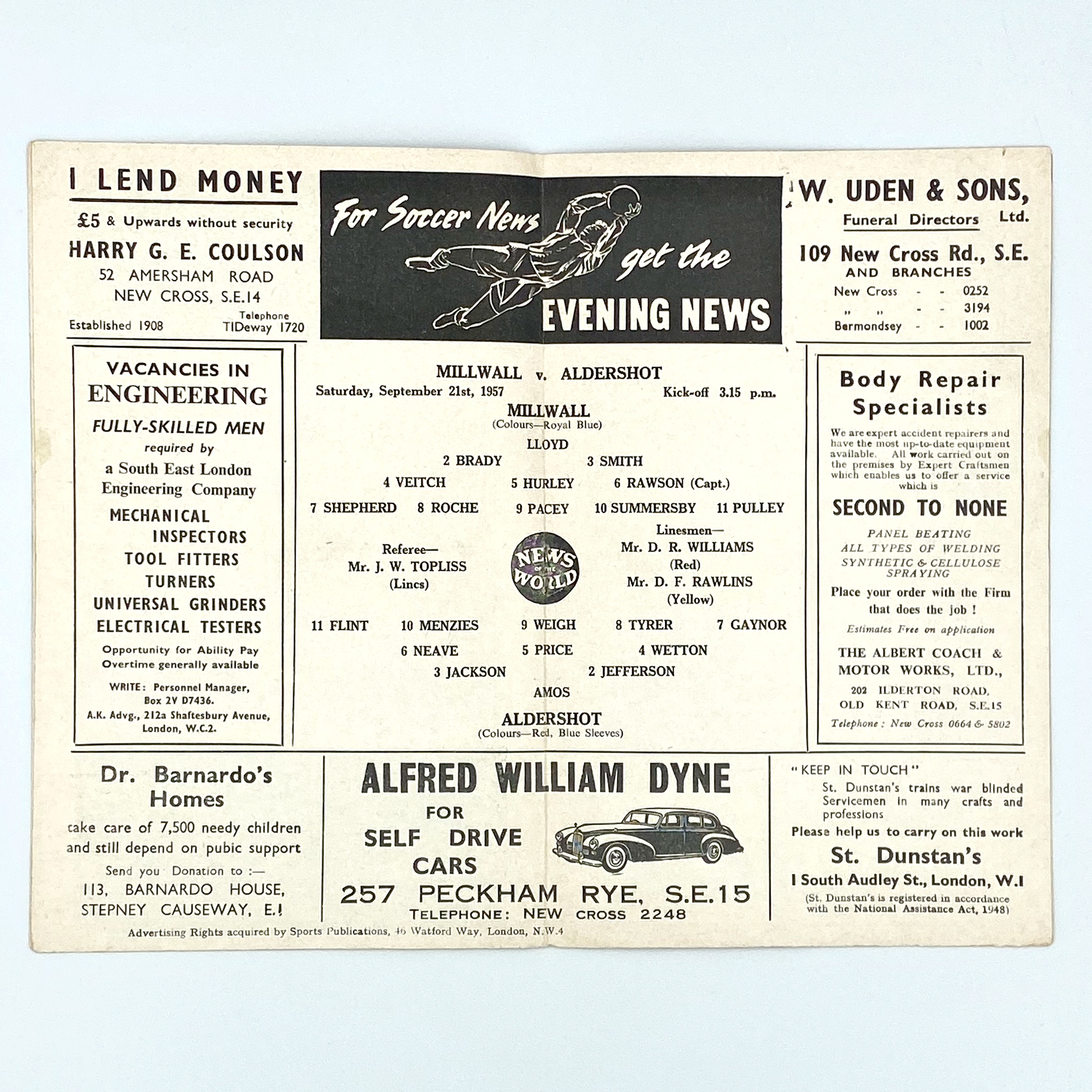 Millwall vs Aldershot Programme (21 September, 1957)